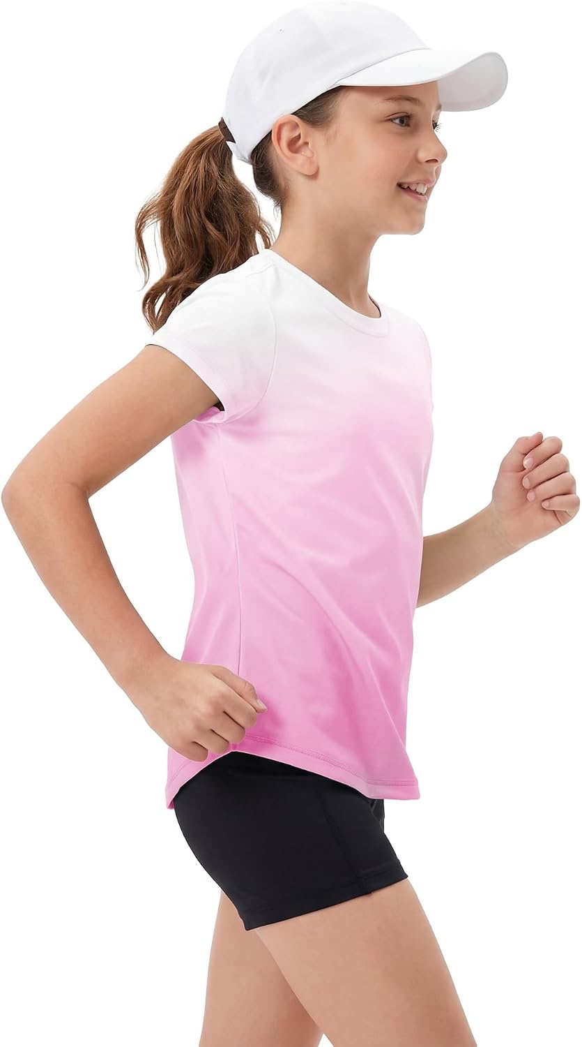 Stelle Girls Athletic Shirts Short Sleeve Running Dry Fit Tops Kids Teens | Ombre, Moisture-wicking, Quick dry, Breathable, Lightweight, Soccer, Training, Sports, Crewneck, Active tshirts, Summer Tee(Rose Petal)