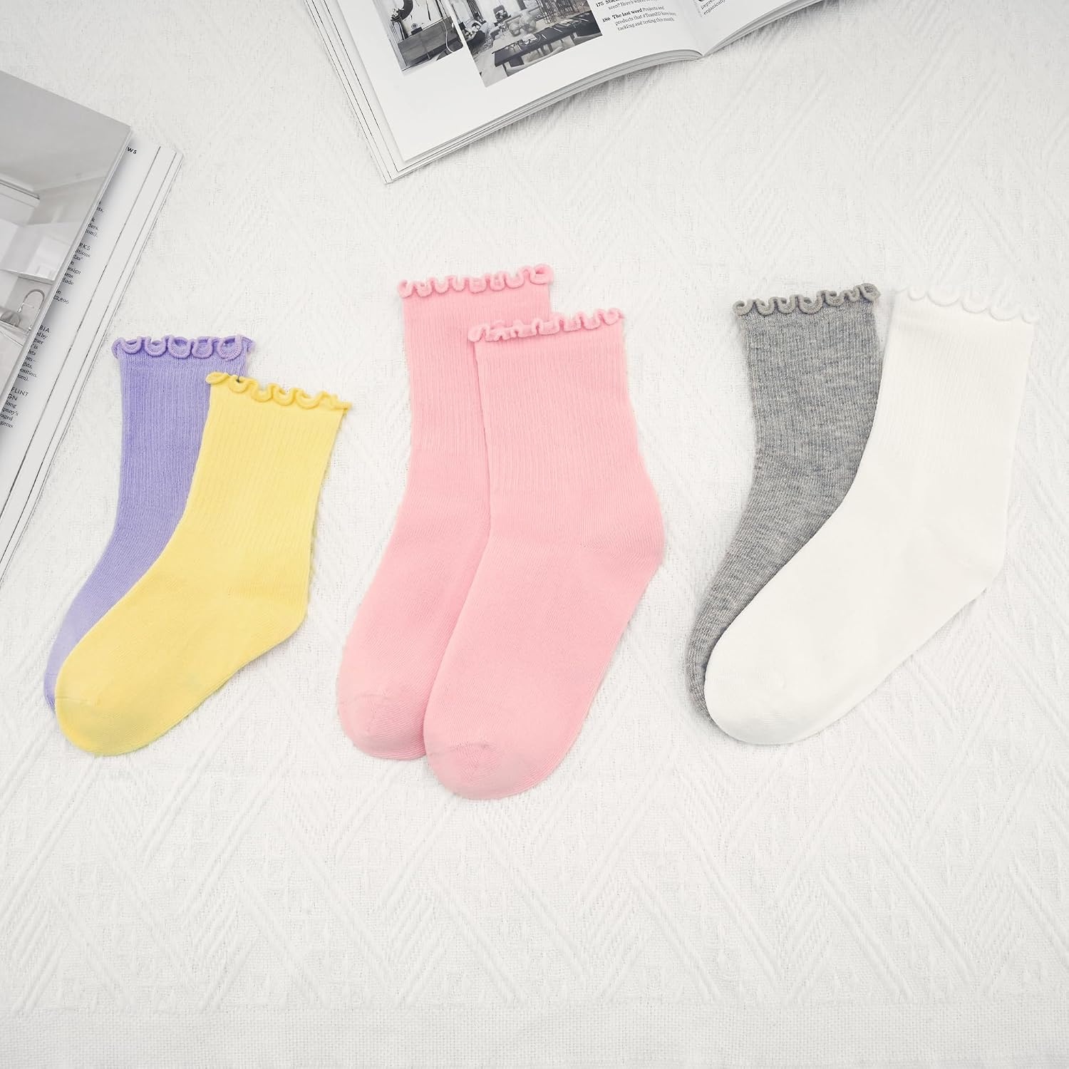 Stelle Girls Ruffle Socks Cotton School Uniform Dress Socks 3/5/6 Pairs Crew Soft Cute Frilly Sock for Kids Toddler(5 Pairs (Banana Milk light Grey pink white periwinkle))