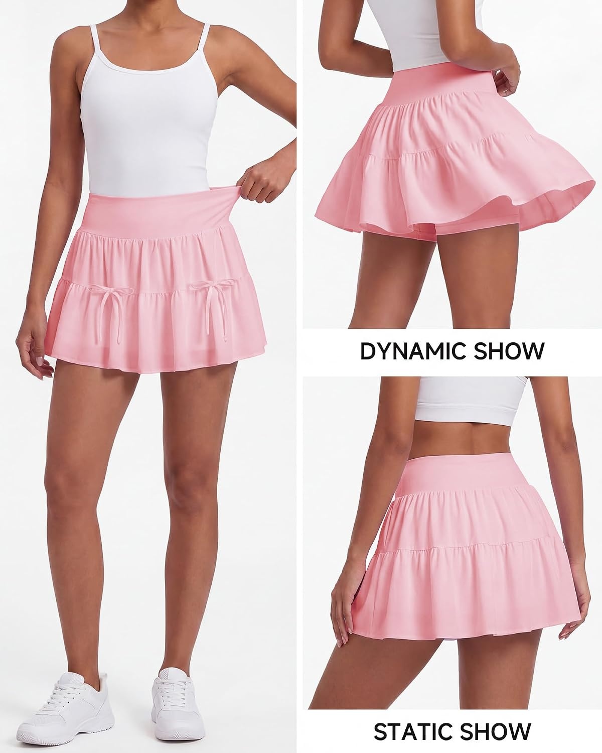 Stelle Women’s Athletic Skirt Flowy Casual Mini Cake Skorts with Pocket | Tiered Athletic Skort, High Waisted, Built-In Shorts, Bow Detail, Flowy, A-Line, Casual, Everyday Style(Ballet Pink)