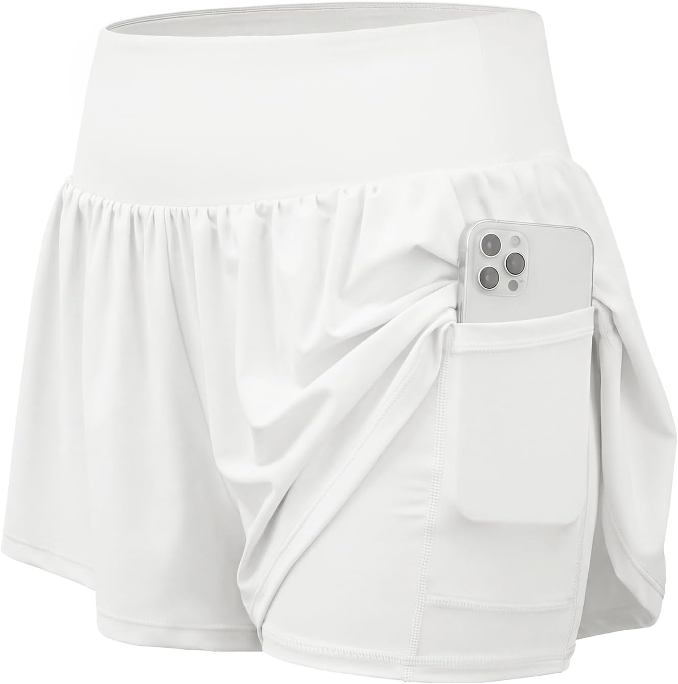 Stelle Women 2 in 1 Running Shorts Flowy Athletic Short High Waisted Workout Tennis Gym Short with Liner Pockets(White)