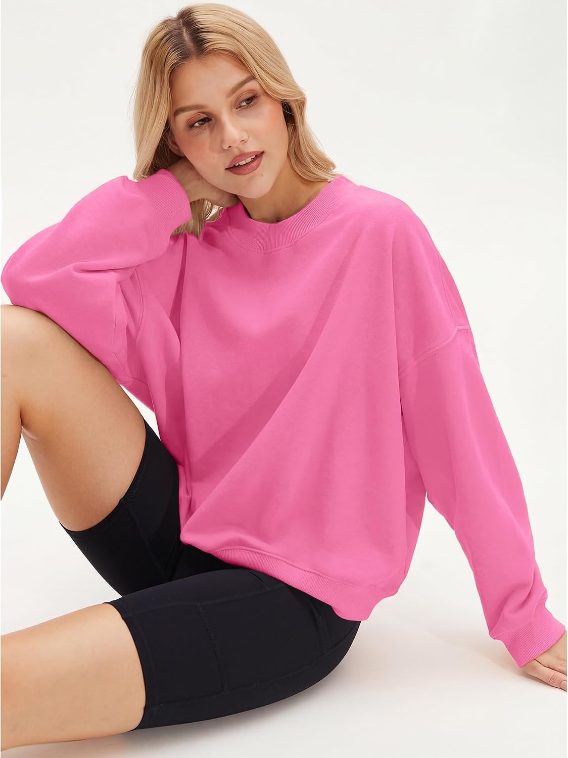 Stelle Women’s 100% Cotton Oversized Sweatshirt Drop Shoulder Crewneck Pullover Long Sleeve Lounge Top(Taffy Pink)