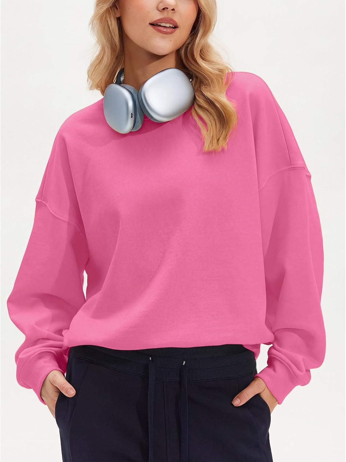 Stelle Women’s 100% Cotton Oversized Sweatshirt Drop Shoulder Crewneck Pullover Long Sleeve Lounge Top(Taffy Pink)