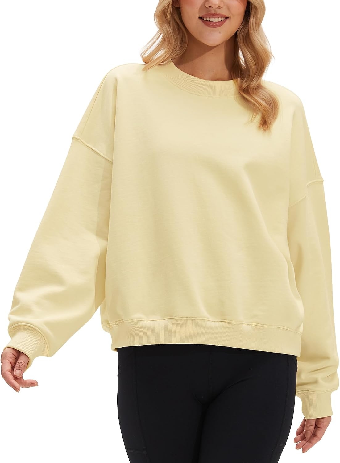 Stelle Women’s 100% Cotton Oversized Sweatshirt Drop Shoulder Crewneck Pullover Long Sleeve Lounge Top(Vanilla)