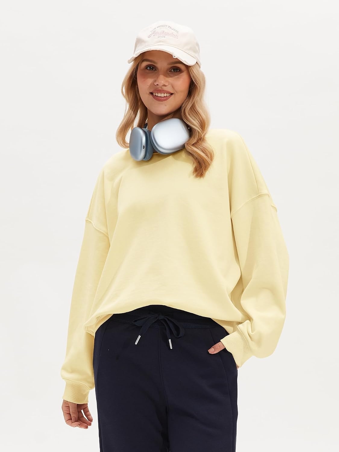 Stelle Women’s 100% Cotton Oversized Sweatshirt Drop Shoulder Crewneck Pullover Long Sleeve Lounge Top(Vanilla)