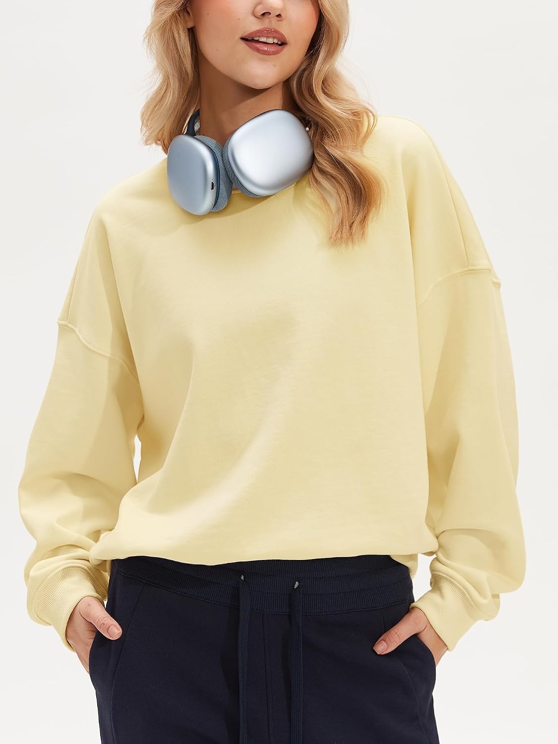 Stelle Women’s 100% Cotton Oversized Sweatshirt Drop Shoulder Crewneck Pullover Long Sleeve Lounge Top(Vanilla)