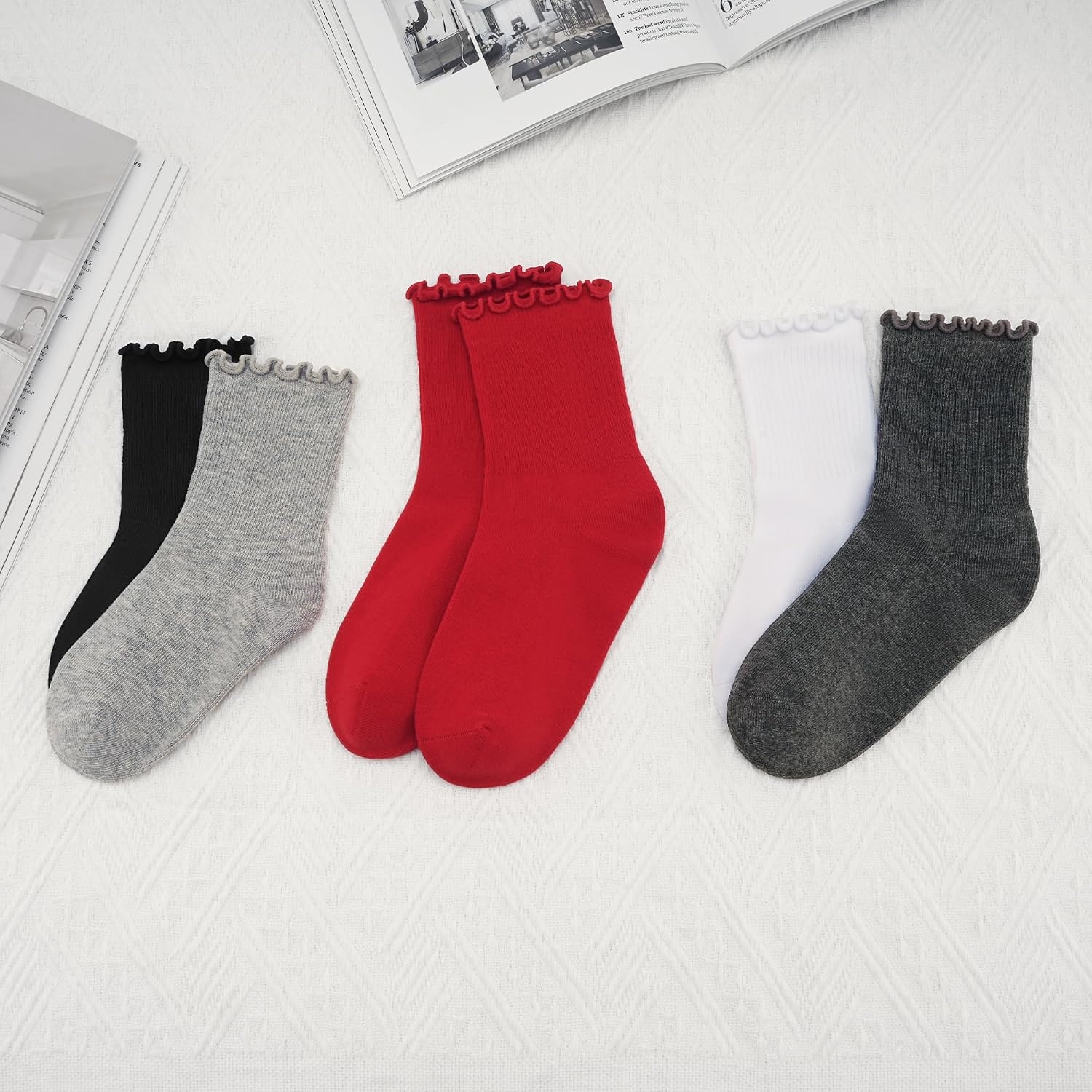 Stelle Girls Ruffle Socks Cotton School Uniform Dress Socks 3/5/6 Pairs Crew Soft Cute Frilly Sock for Kids Toddler(5 Pairs (Black light Grey charcoal true White red))