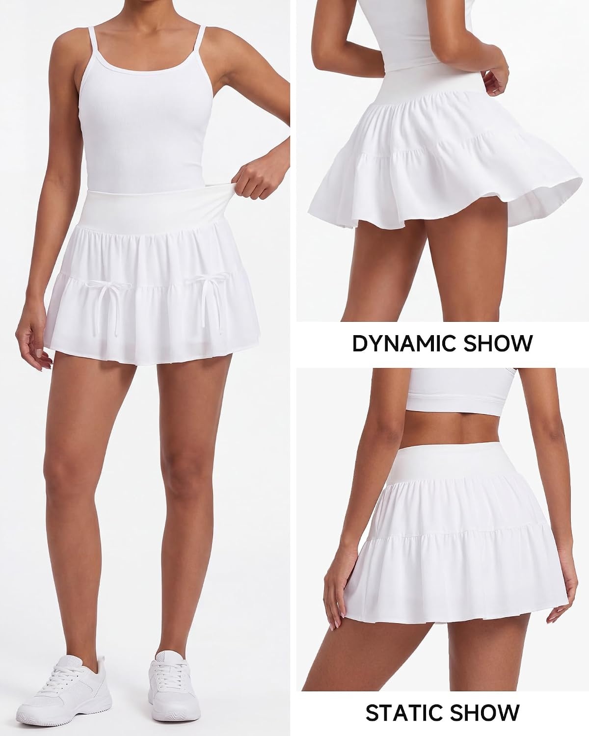 Stelle Women’s Athletic Skirt Flowy Casual Mini Cake Skorts with Pocket | Tiered Athletic Skort, High Waisted, Built-In Shorts, Bow Detail, Flowy, A-Line, Casual, Everyday Style(White)