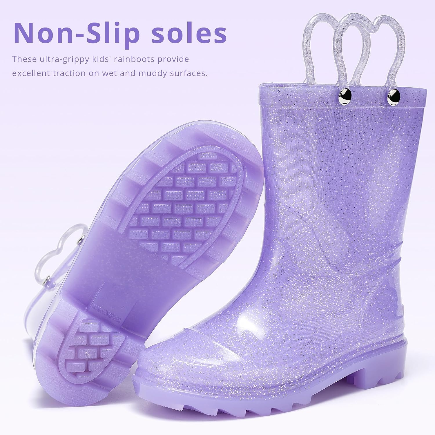 Stelle Rain Boots for Girls With Glitter Light up Rain Boots Kids Waterproof Easy On Handles Lightweight Outdoors(*Lavender)