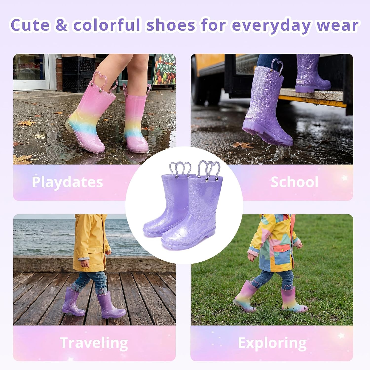 Stelle Rain Boots for Girls With Glitter Light up Rain Boots Kids Waterproof Easy On Handles Lightweight Outdoors(*Lavender)