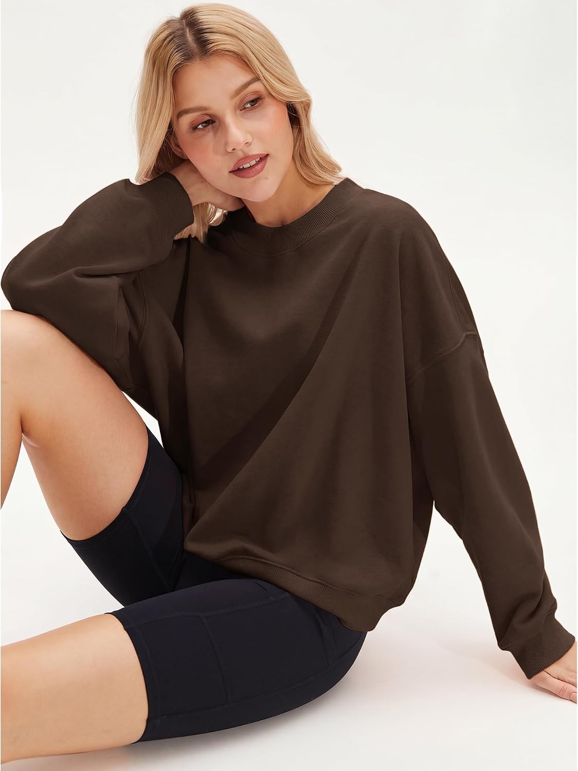 Stelle Women’s 100% Cotton Oversized Sweatshirt Drop Shoulder Crewneck Pullover Long Sleeve Lounge Top(Coffee)