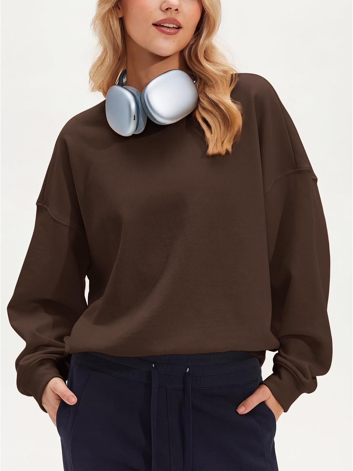 Stelle Women’s 100% Cotton Oversized Sweatshirt Drop Shoulder Crewneck Pullover Long Sleeve Lounge Top(Coffee)