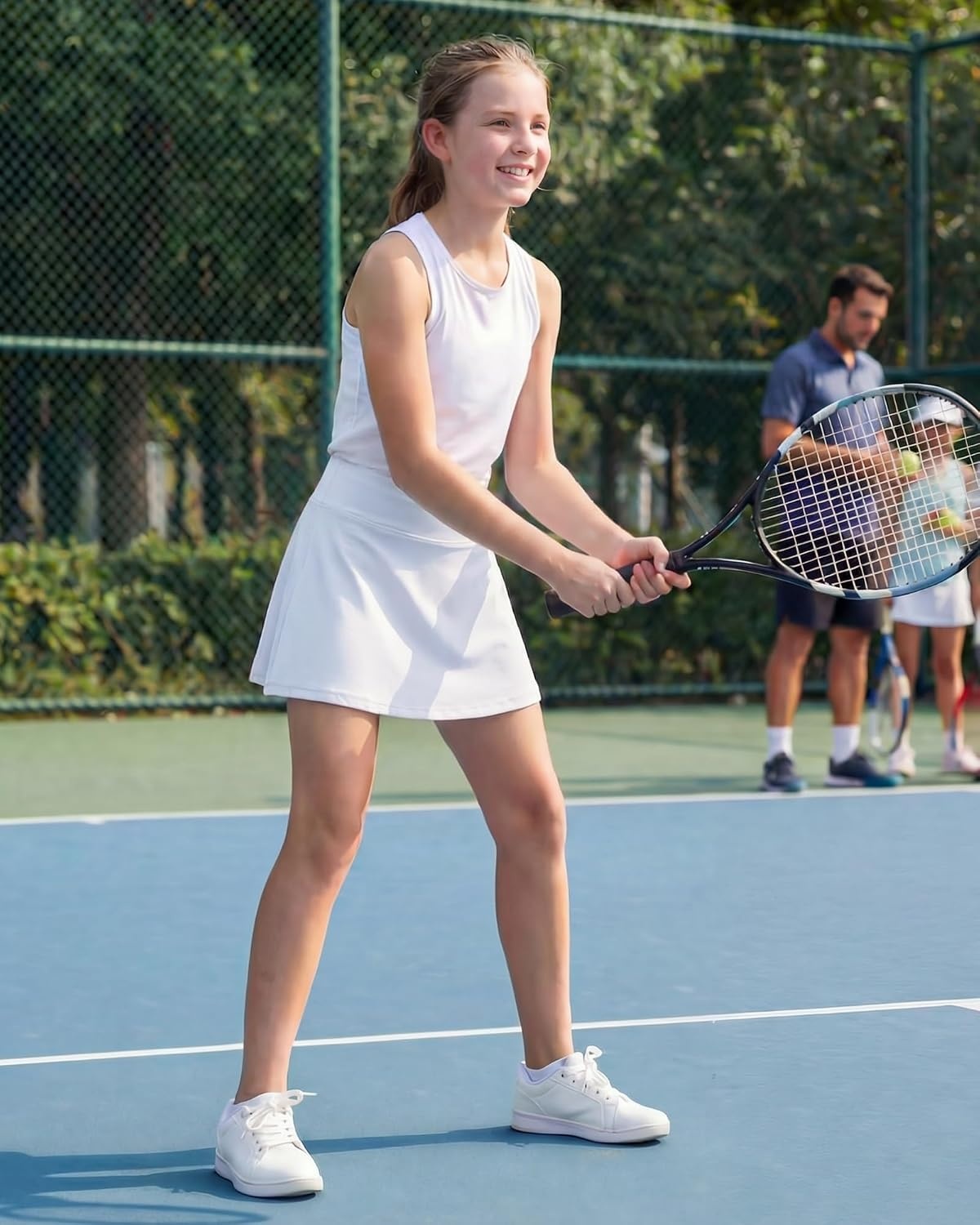 Stelle Girls Tennis Skirts Ruffle Golf Athletic Skorts with Pockets | Stretch Adjustable Waist, Built-In Shorts, Side Pockets, Breathable, Lightweight, School, Practice, Everyday Play(White)