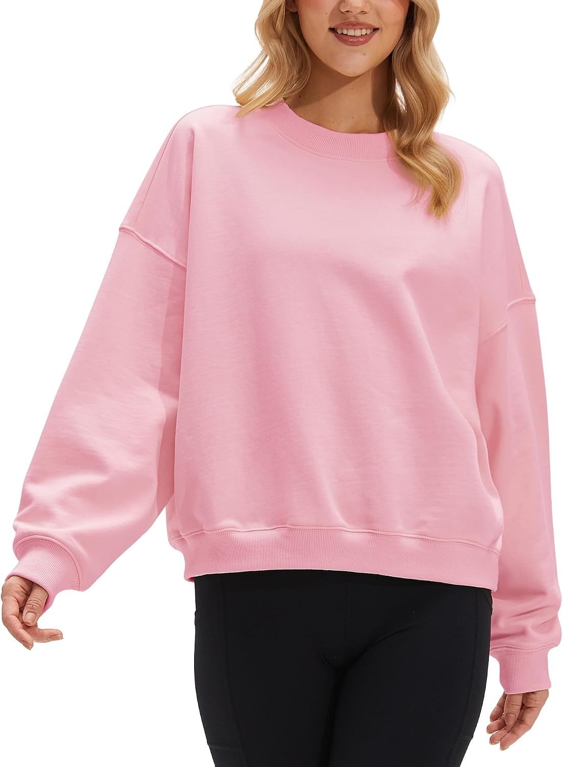 Stelle Women’s 100% Cotton Oversized Sweatshirt Drop Shoulder Crewneck Pullover Long Sleeve Lounge Top(Light Pink)