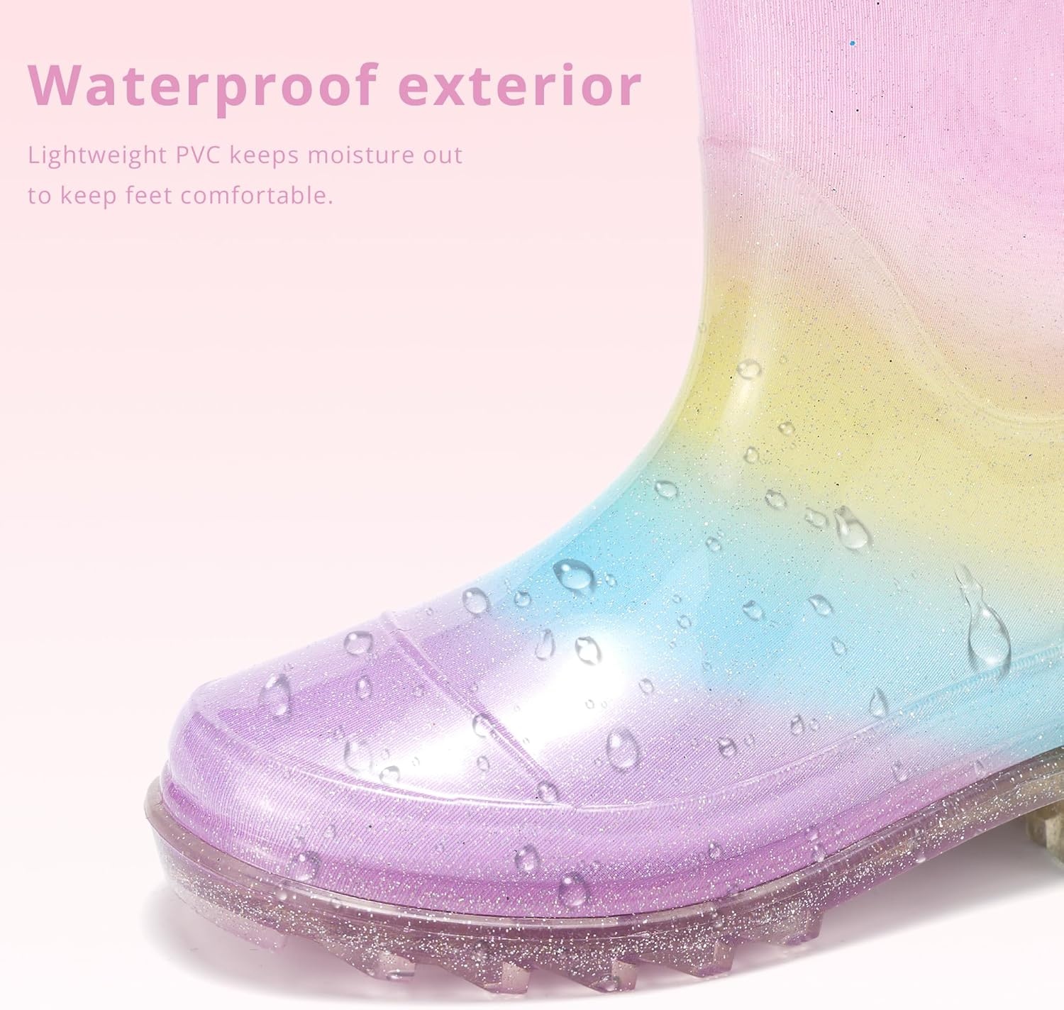 Stelle Rain Boots for Girls With Glitter Light up Rain Boots Kids Waterproof Easy On Handles Lightweight Outdoors(*Rainbow)