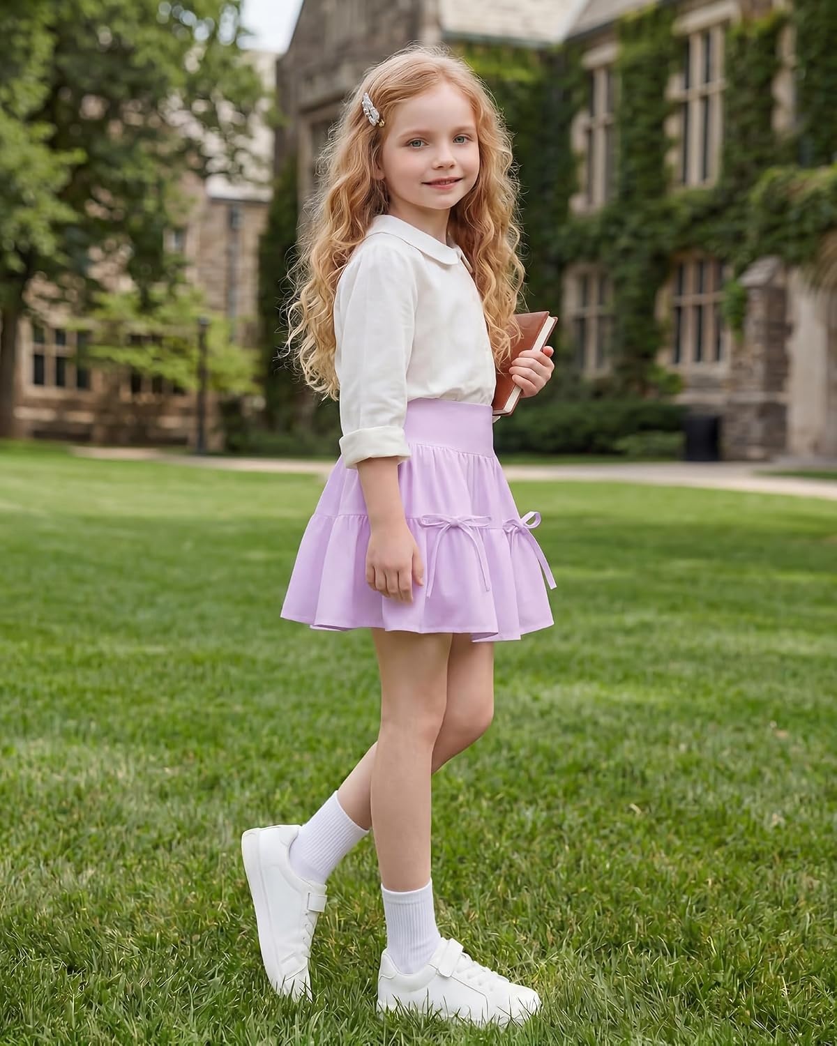 Stelle Girls Tiered Tennis Skirt with Built-in Shorts, Pockets & Bows | Athletic Skirts, Density Chiffon, Bow Detail, Built-In Shorts, High Waisted, Lightweight, Breathable, Running, Cute Style(Lavender)