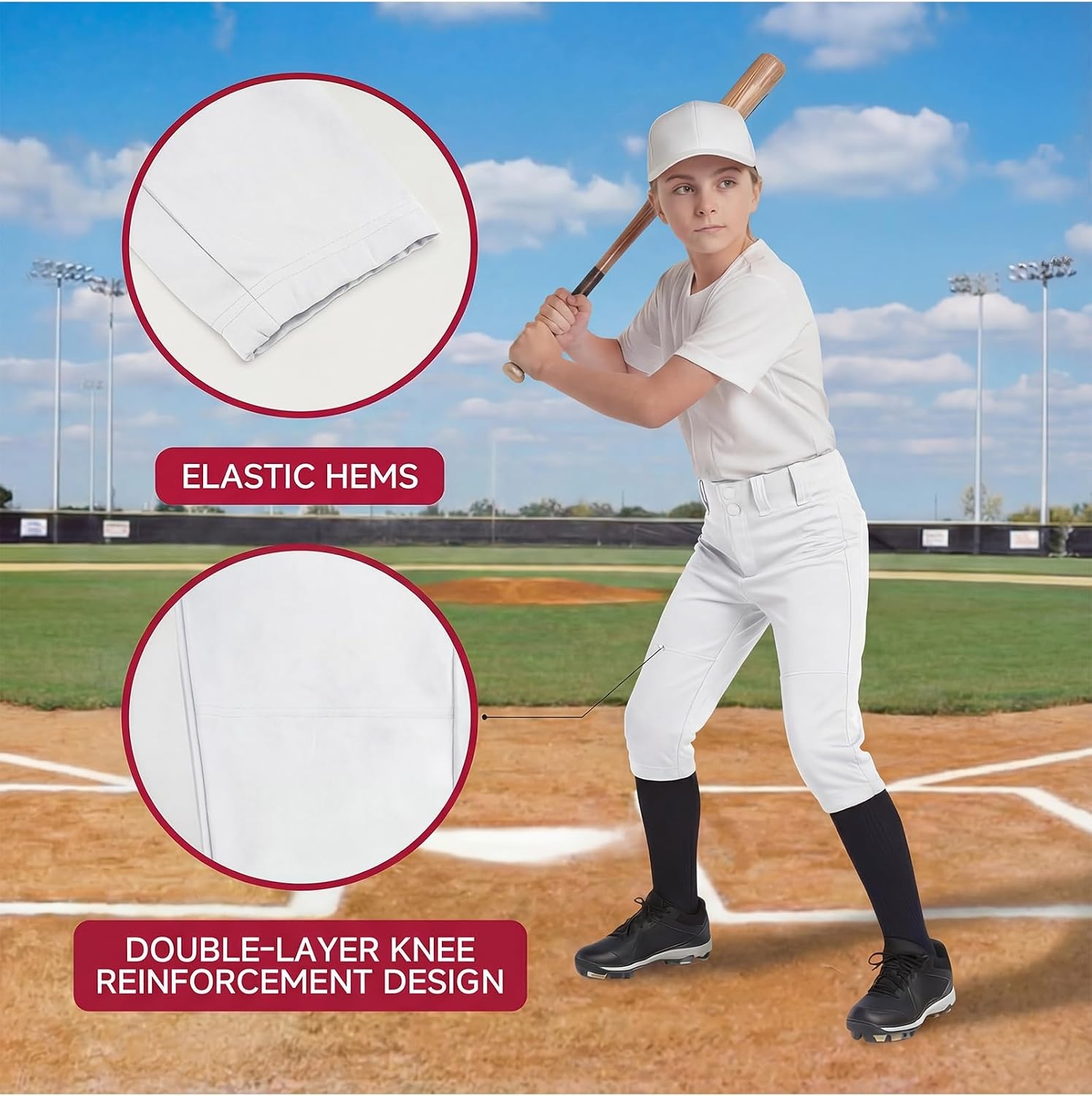 Stelle Girls Softball Pants Kids Knickers Knee-High Pants with Pockets for Youth Tee Ball & Fastpitch Style(White)