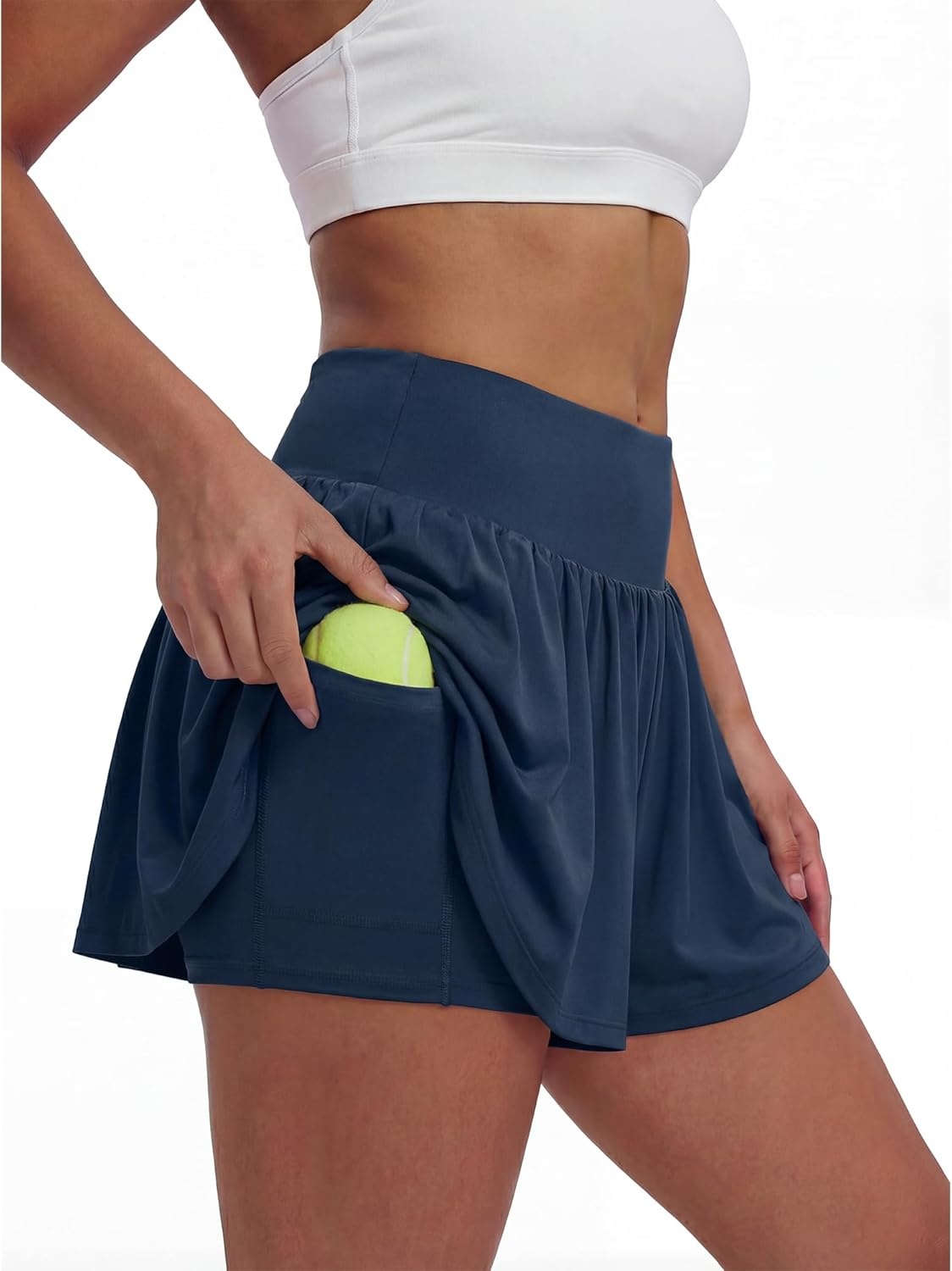Stelle Women 2 in 1 Running Shorts Flowy Athletic Short High Waisted Workout Tennis Gym Short with Liner Pockets(Navy)