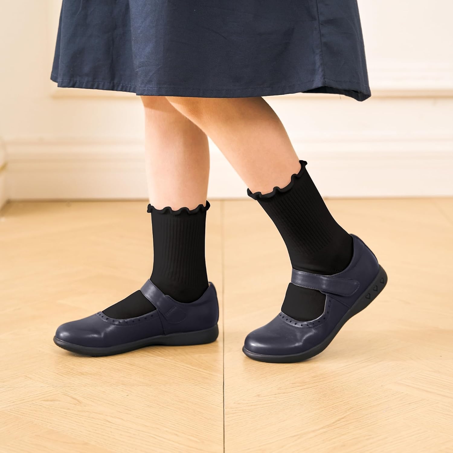 Stelle Girls Ruffle Socks Cotton School Uniform Dress Socks 3/5/6 Pairs Crew Soft Cute Frilly Sock for Kids Toddler(3 Pairs-black)