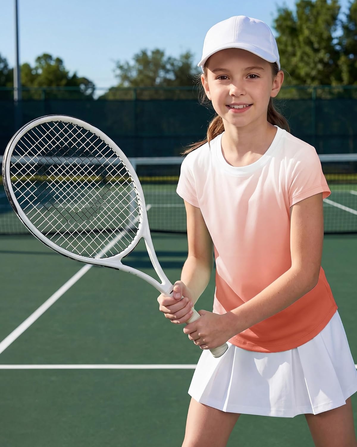 Stelle Girls Athletic Shirts Short Sleeve Running Dry Fit Tops Kids Teens | Ombre, Moisture-wicking, Quick dry, Breathable, Lightweight, Soccer, Training, Sports, Crewneck, Active tshirts, Summer Tee(Coral)
