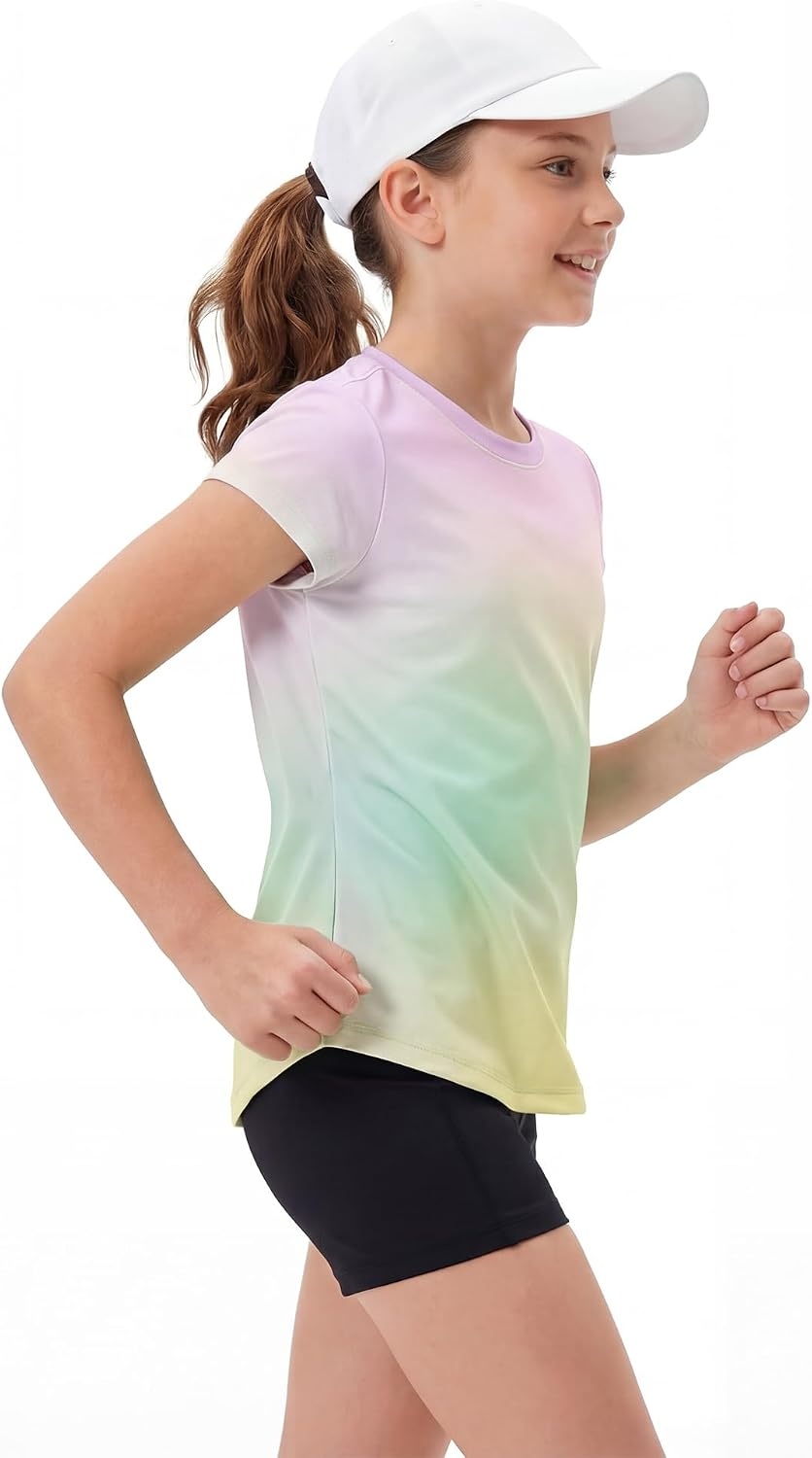 Stelle Girls Athletic Shirts Short Sleeve Running Dry Fit Tops Kids Teens | Ombre, Moisture-wicking, Quick dry, Breathable, Lightweight, Soccer, Training, Sports, Crewneck, Active tshirts, Summer Tee(Rainbow Wash)