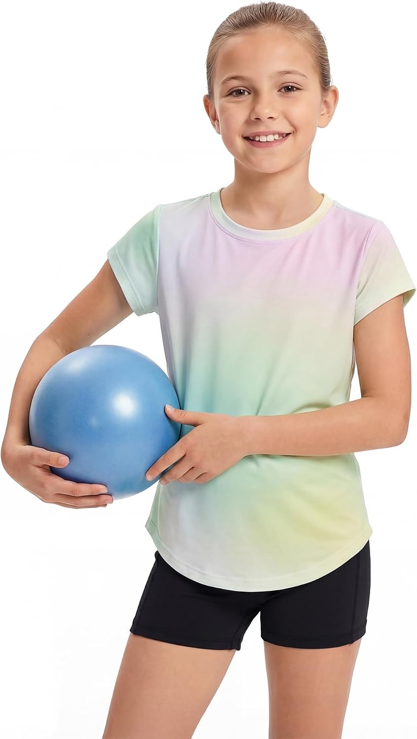 Stelle Girls Athletic Shirts Short Sleeve Running Dry Fit Tops Kids Teens | Ombre, Moisture-wicking, Quick dry, Breathable, Lightweight, Soccer, Training, Sports, Crewneck, Active tshirts, Summer Tee(Rainbow Wash)