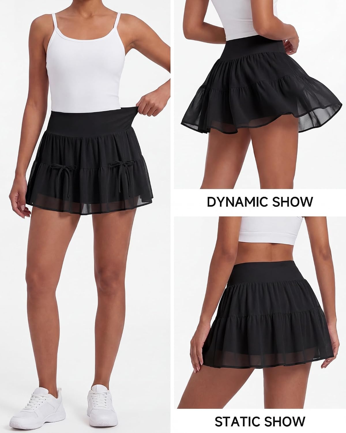 Stelle Women’s Athletic Skirt Flowy Casual Mini Cake Skorts with Pocket | Tiered Athletic Skort, High Waisted, Built-In Shorts, Bow Detail, Flowy, A-Line, Casual, Everyday Style(Black)