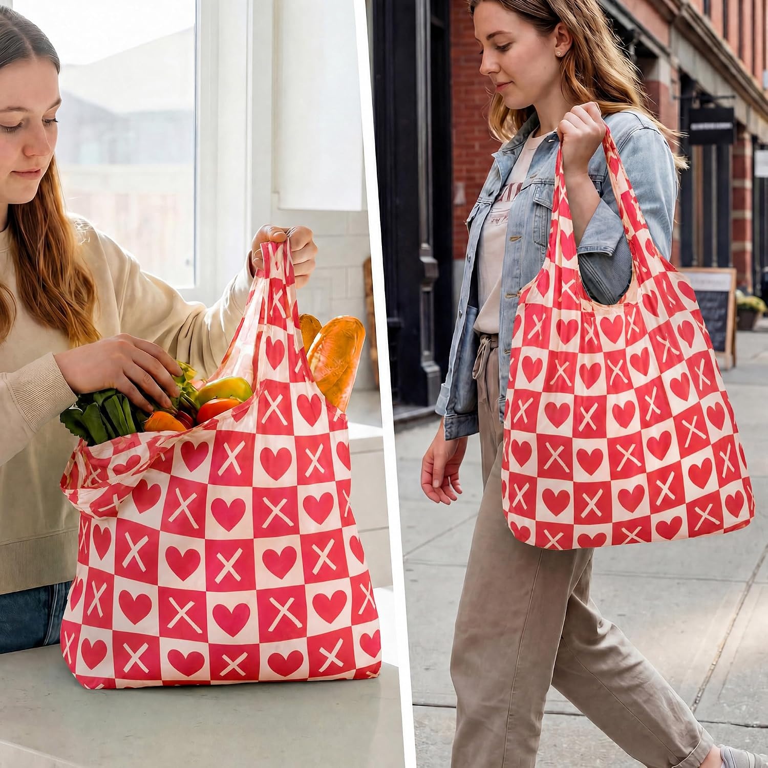 Stelle Lightweight Reusable Grocery Bag with Handles Ripstop Nylon Foldable Tote Shopping Bags for Travel and Groceries(Love Match)