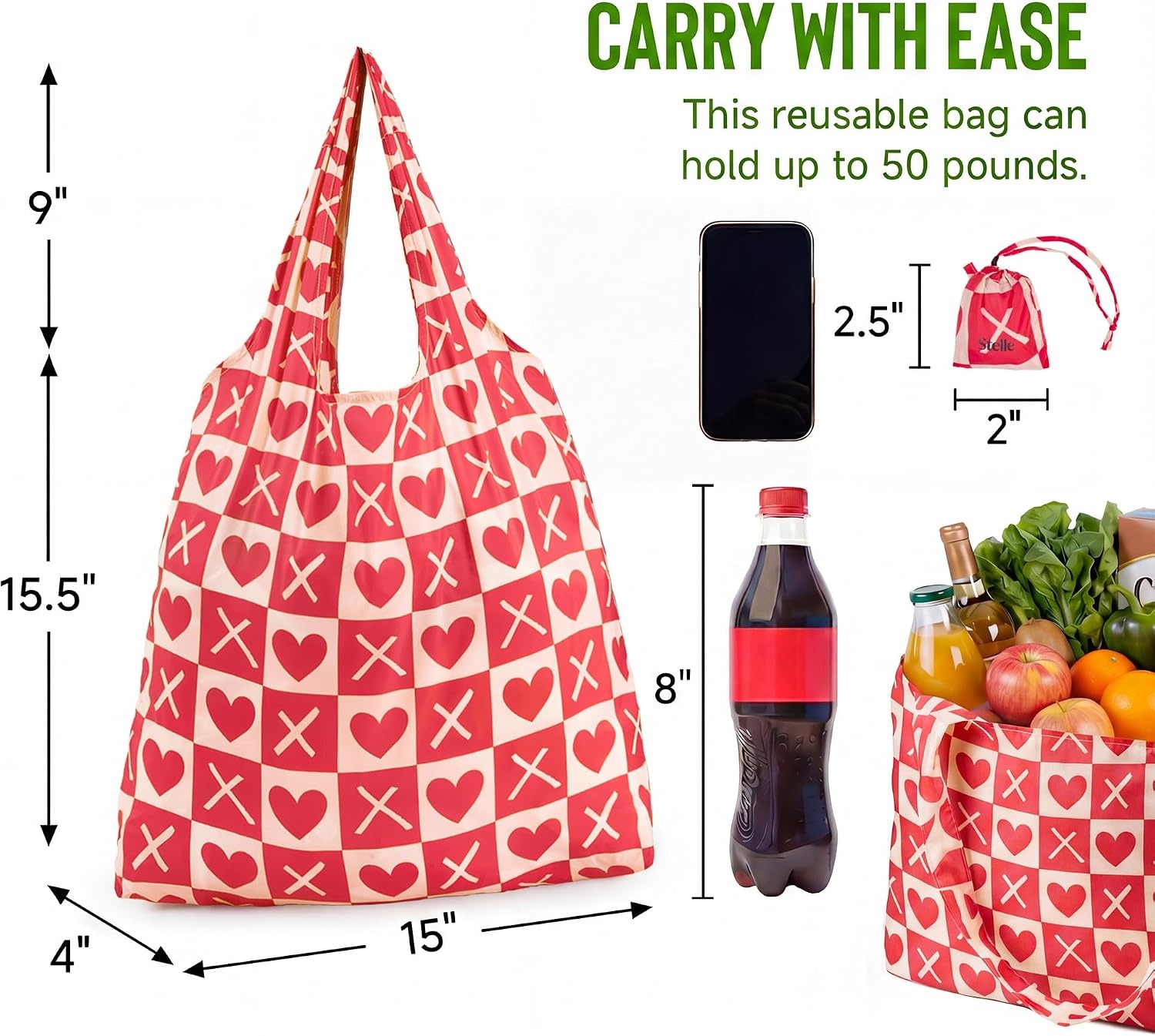 Stelle Lightweight Reusable Grocery Bag with Handles Ripstop Nylon Foldable Tote Shopping Bags for Travel and Groceries(Love Match)