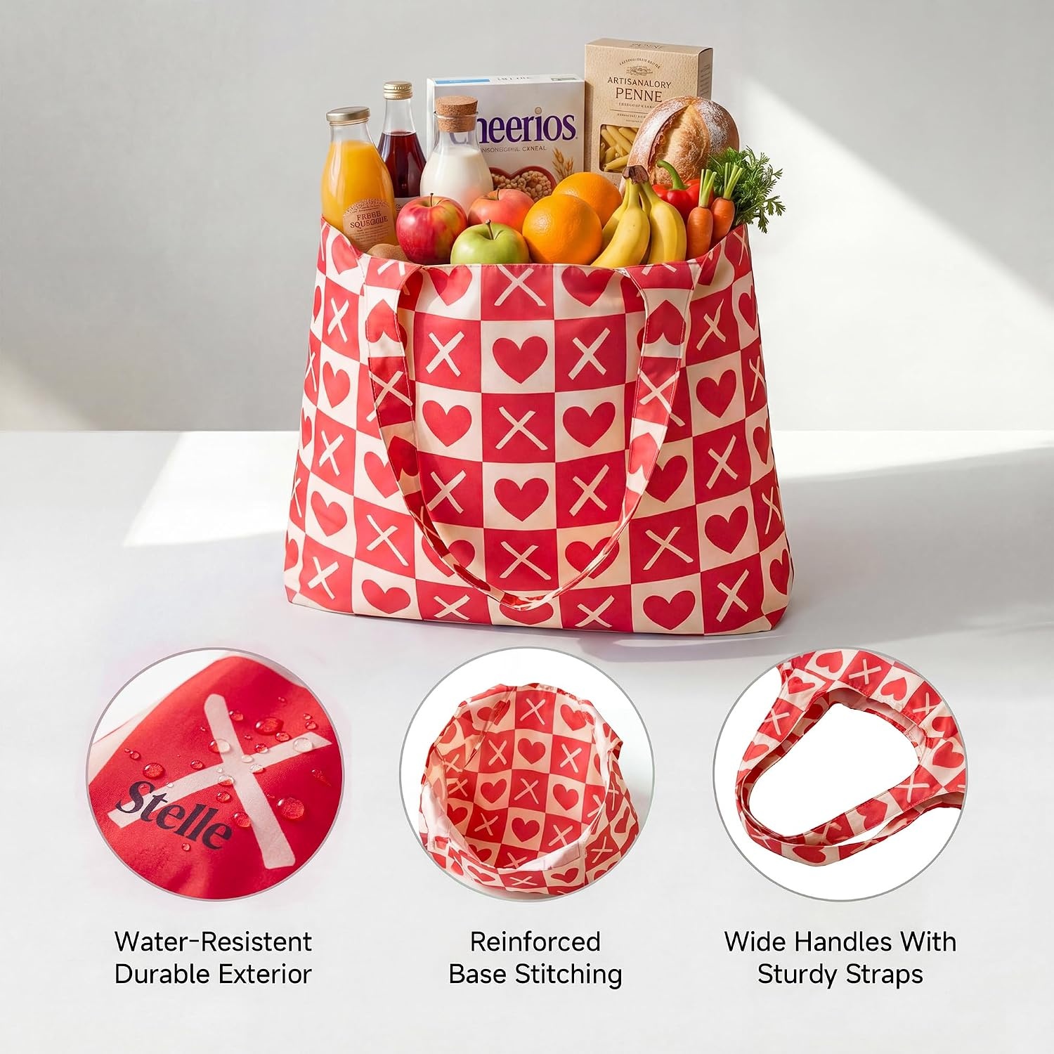 Stelle Lightweight Reusable Grocery Bag with Handles Ripstop Nylon Foldable Tote Shopping Bags for Travel and Groceries(Love Match)