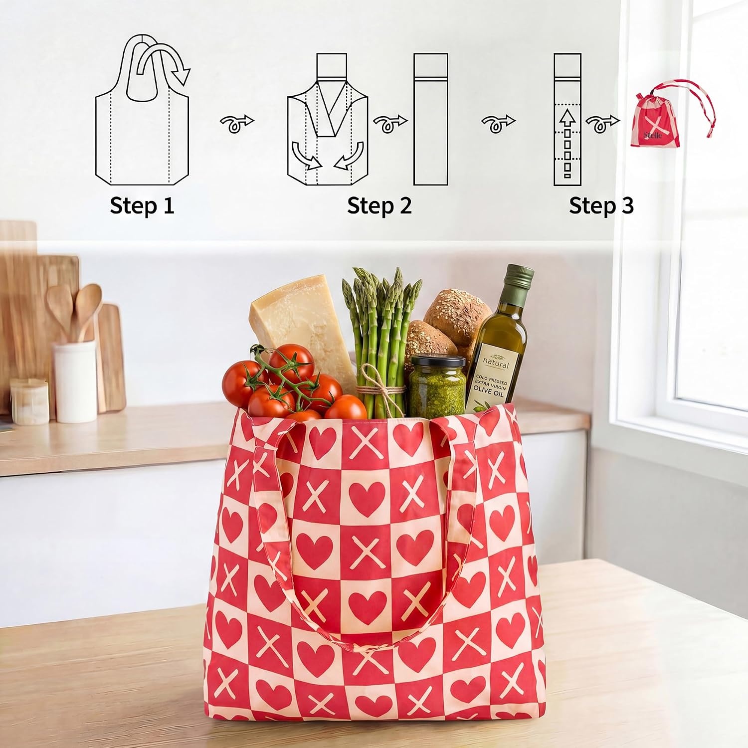 Stelle Lightweight Reusable Grocery Bag with Handles Ripstop Nylon Foldable Tote Shopping Bags for Travel and Groceries(Love Match)
