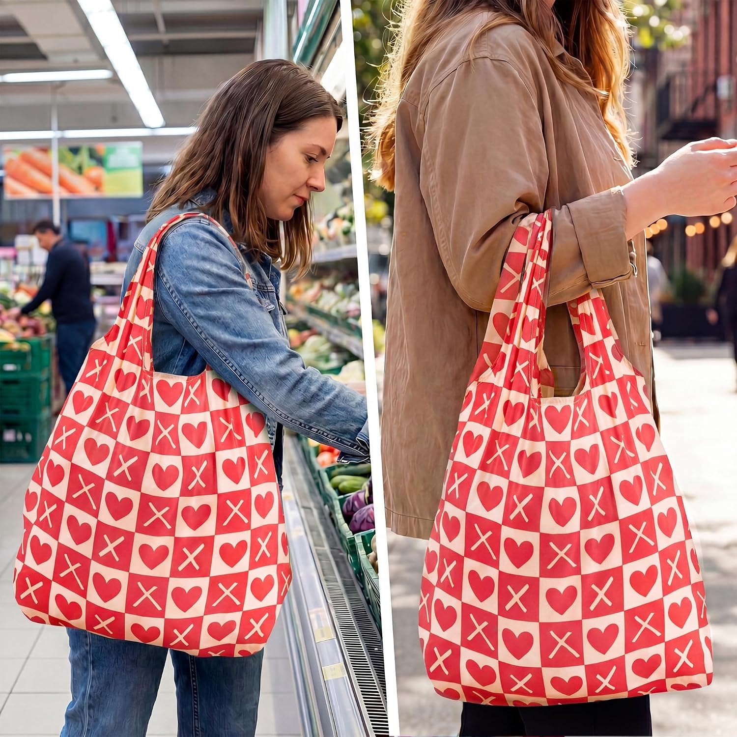 Stelle Lightweight Reusable Grocery Bag with Handles Ripstop Nylon Foldable Tote Shopping Bags for Travel and Groceries(Love Match)