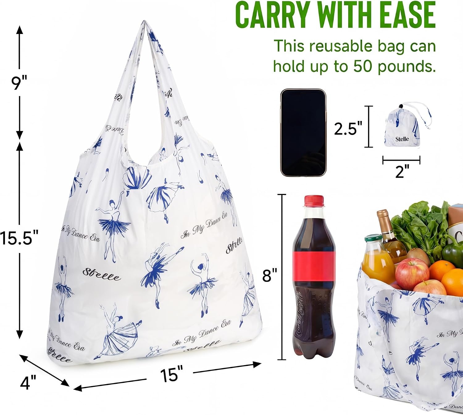 Stelle Lightweight Reusable Grocery Bag with Handles Ripstop Nylon Foldable Tote Shopping Bags for Travel and Groceries(Ballerina)