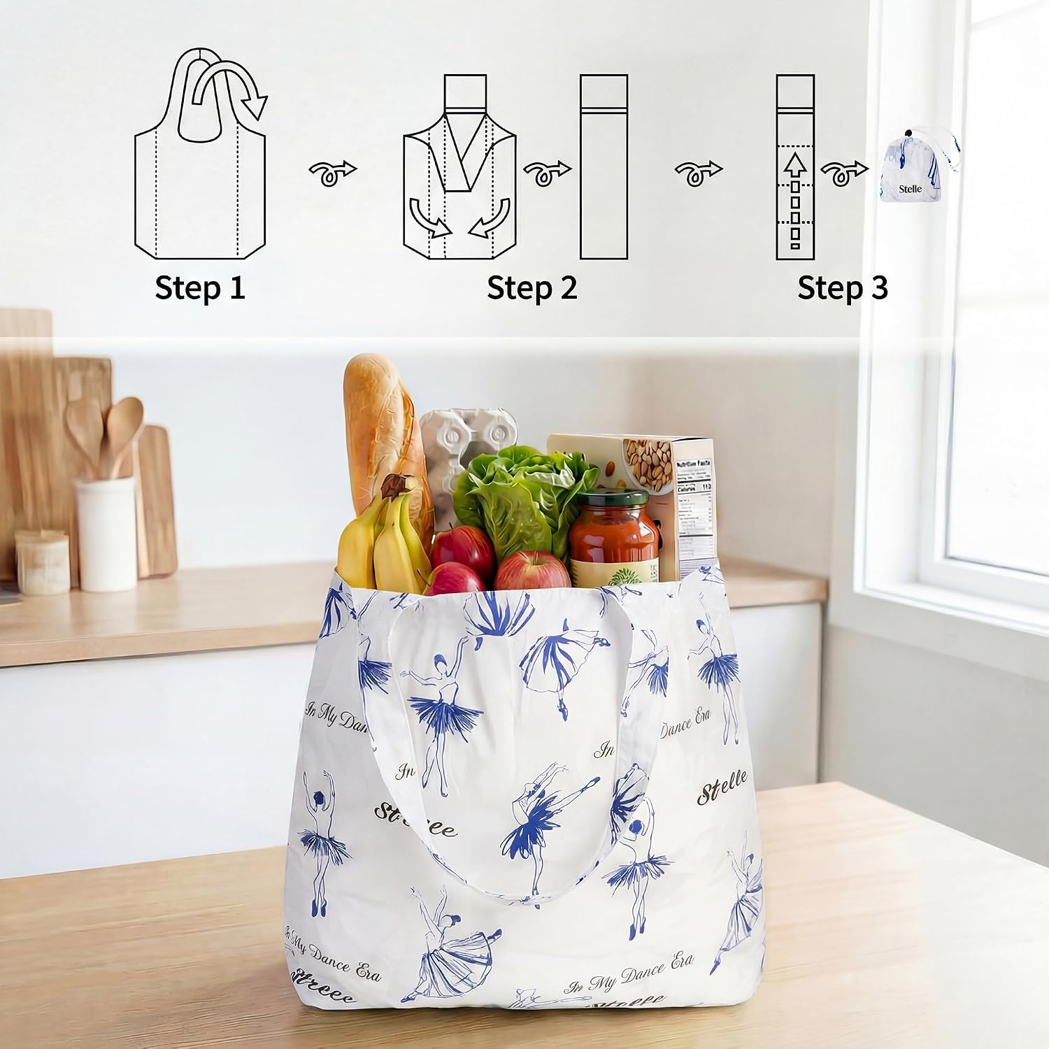 Stelle Lightweight Reusable Grocery Bag with Handles Ripstop Nylon Foldable Tote Shopping Bags for Travel and Groceries(Ballerina)
