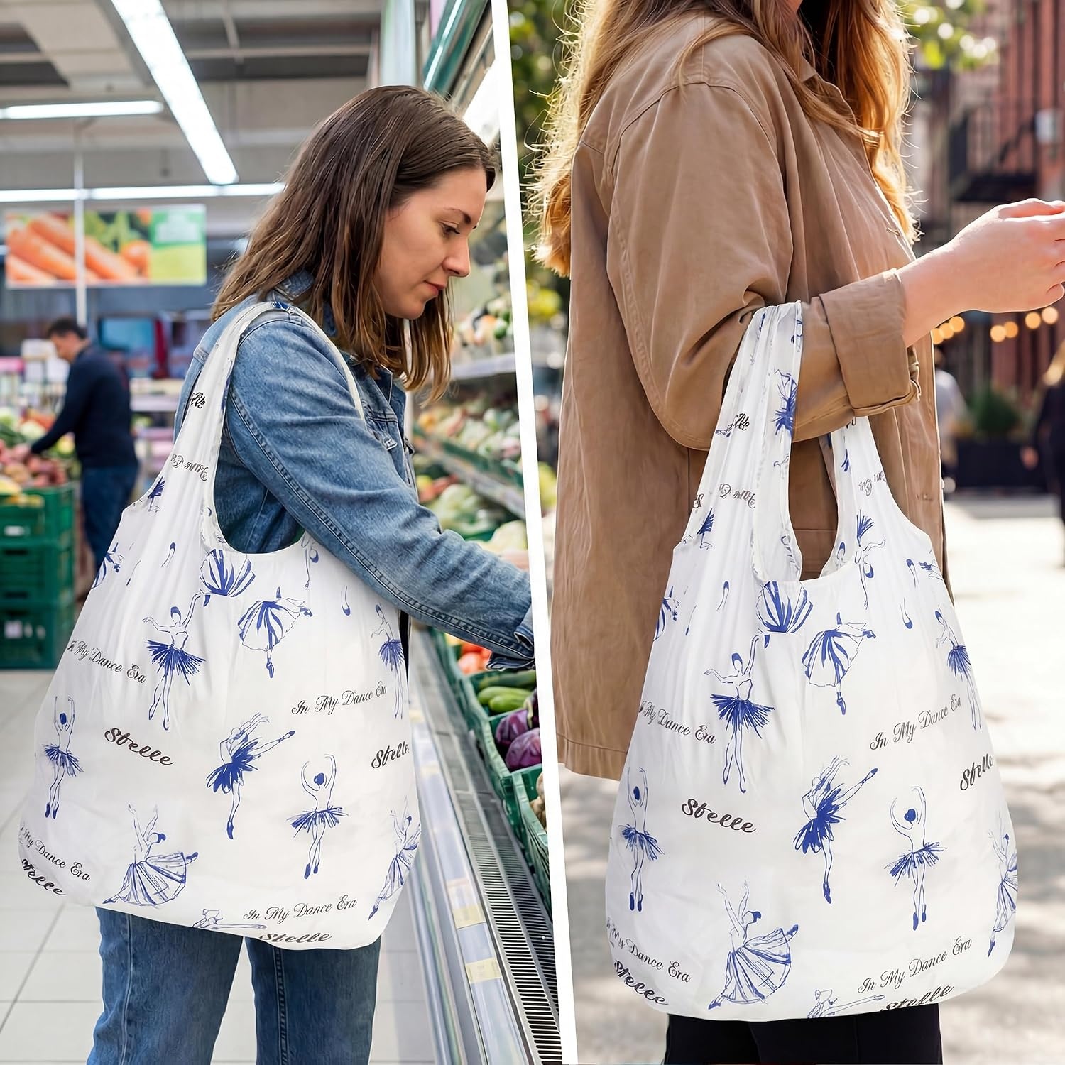 Stelle Lightweight Reusable Grocery Bag with Handles Ripstop Nylon Foldable Tote Shopping Bags for Travel and Groceries(Ballerina)