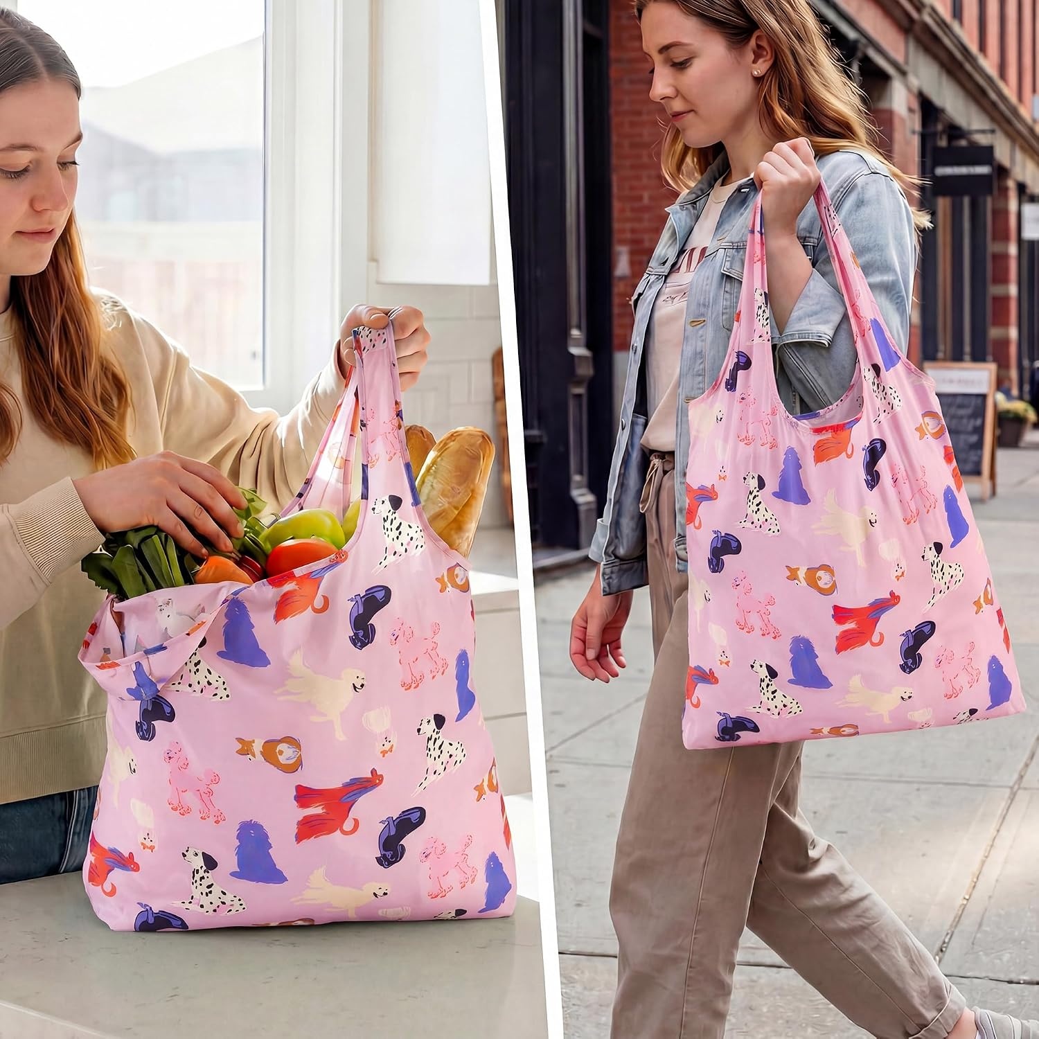 Stelle Lightweight Reusable Grocery Bag with Handles Ripstop Nylon Foldable Tote Shopping Bags for Travel and Groceries(Puppy Parade|pink)