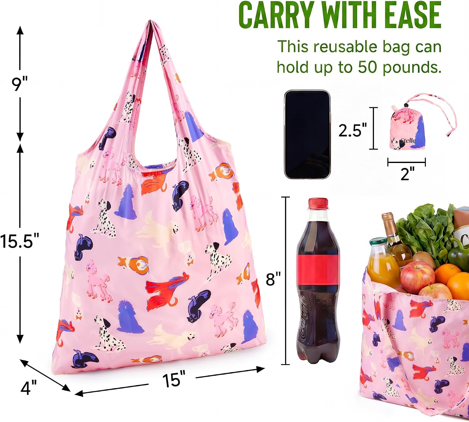 Stelle Lightweight Reusable Grocery Bag with Handles Ripstop Nylon Foldable Tote Shopping Bags for Travel and Groceries(Puppy Parade|pink)