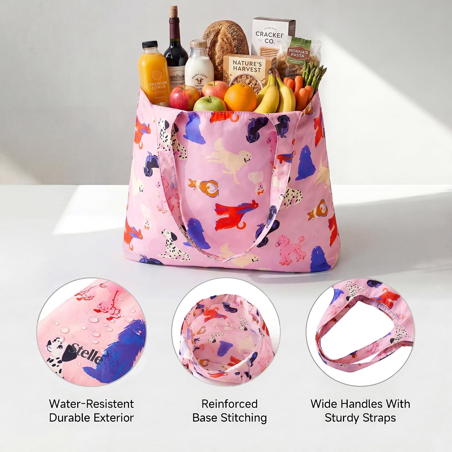 Stelle Lightweight Reusable Grocery Bag with Handles Ripstop Nylon Foldable Tote Shopping Bags for Travel and Groceries(Puppy Parade|pink)