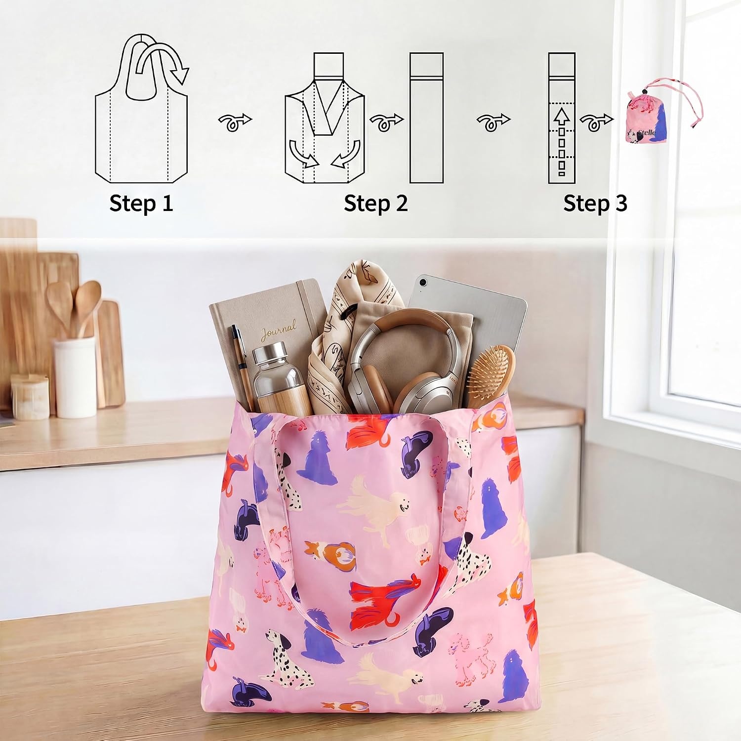 Stelle Lightweight Reusable Grocery Bag with Handles Ripstop Nylon Foldable Tote Shopping Bags for Travel and Groceries(Puppy Parade|pink)