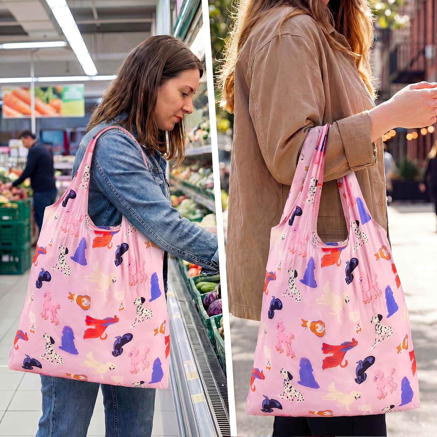 Stelle Lightweight Reusable Grocery Bag with Handles Ripstop Nylon Foldable Tote Shopping Bags for Travel and Groceries(Puppy Parade|pink)