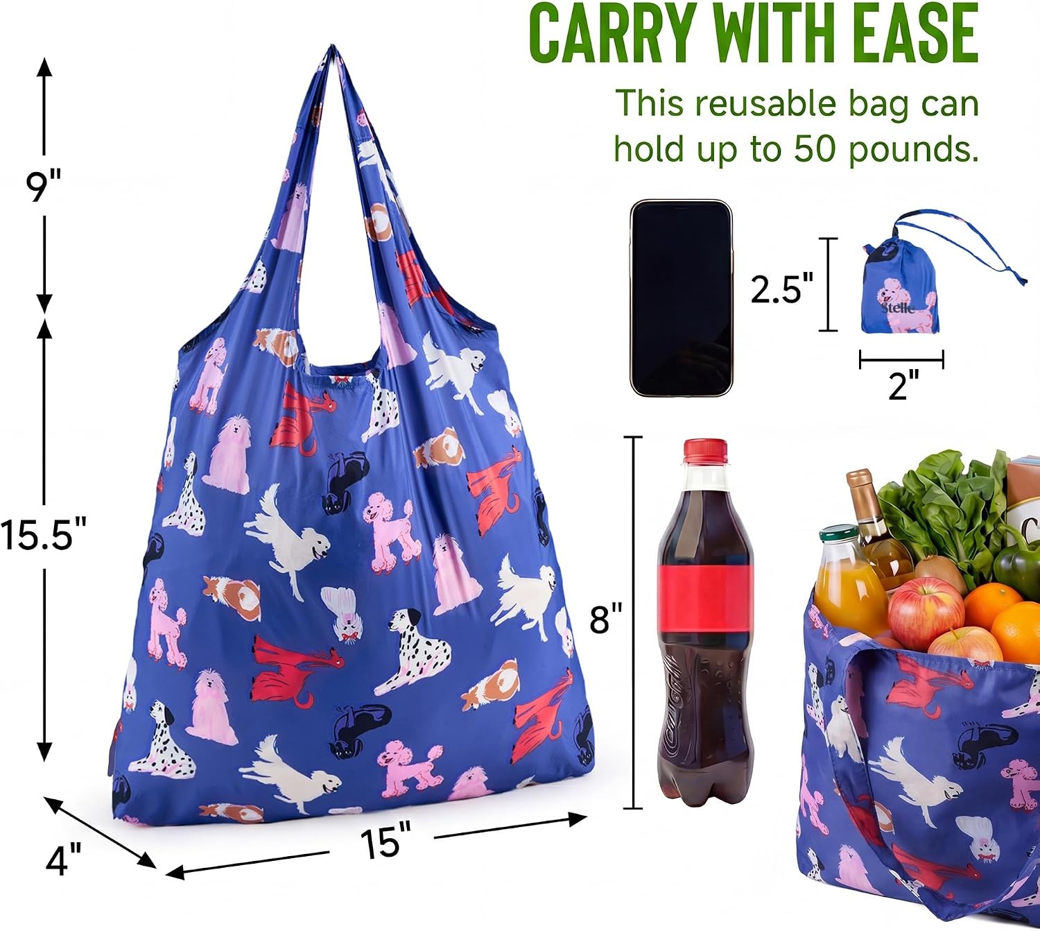 Stelle Lightweight Reusable Grocery Bag with Handles Ripstop Nylon Foldable Tote Shopping Bags for Travel and Groceries(Puppy Parade|blue)