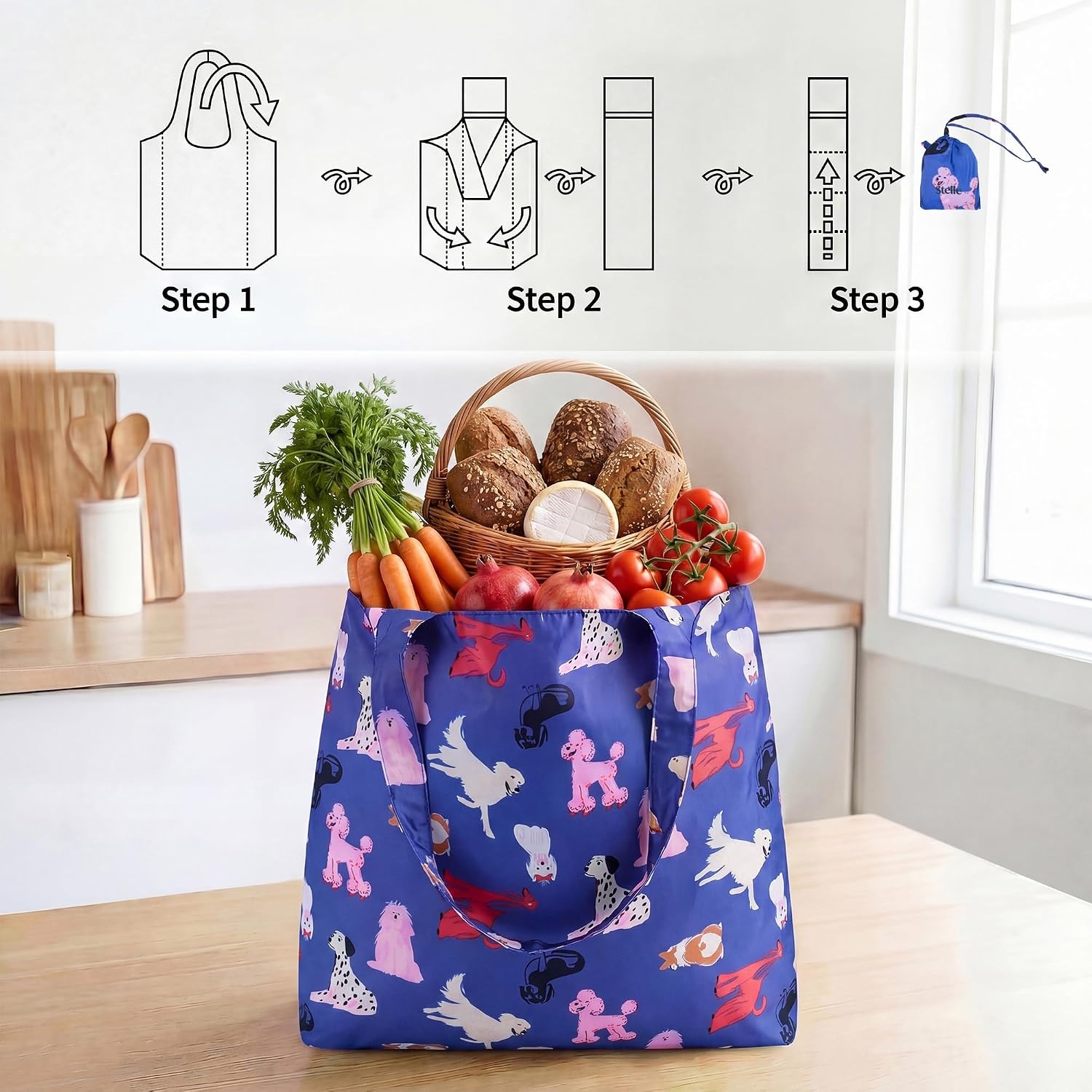 Stelle Lightweight Reusable Grocery Bag with Handles Ripstop Nylon Foldable Tote Shopping Bags for Travel and Groceries(Puppy Parade|blue)