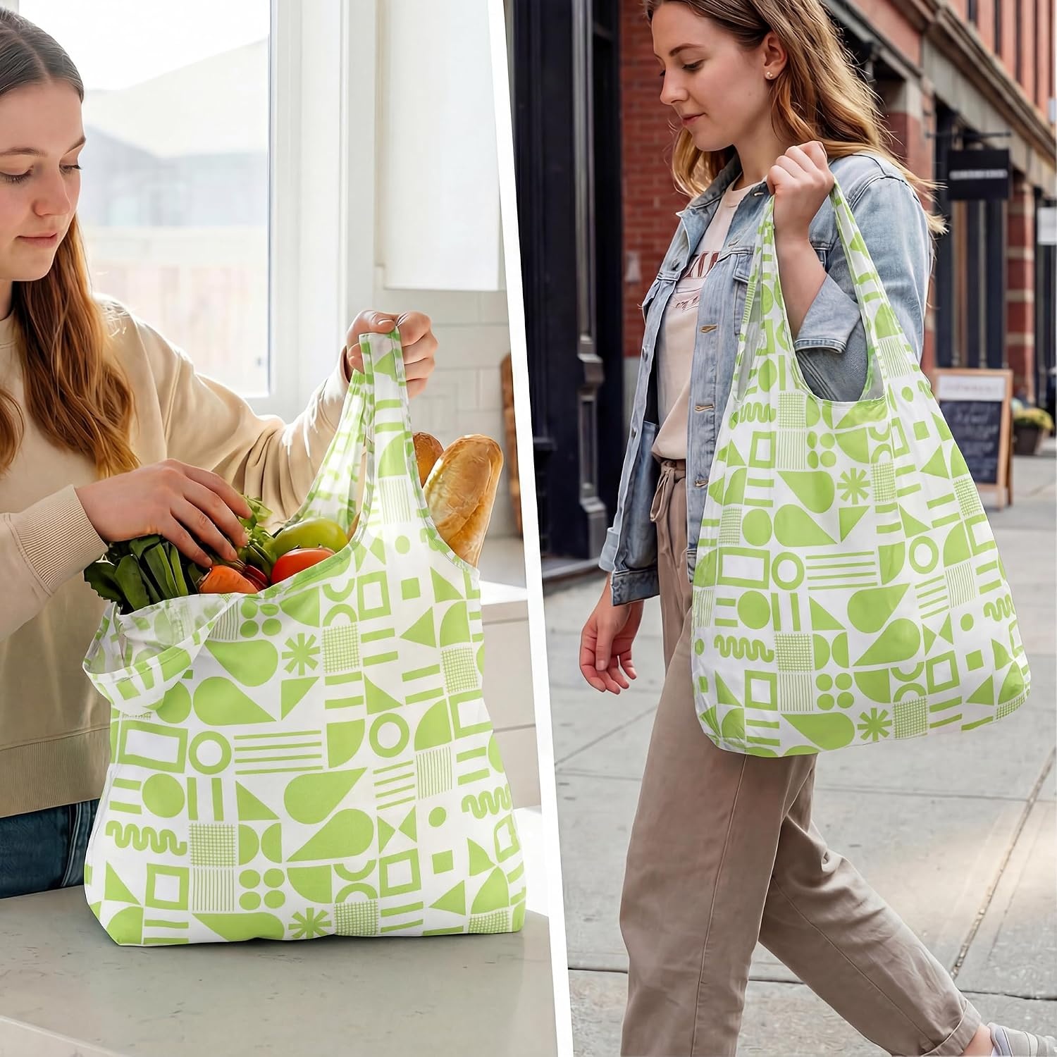 Stelle Lightweight Reusable Grocery Bag with Handles Ripstop Nylon Foldable Tote Shopping Bags for Travel and Groceries(Green Geometry)