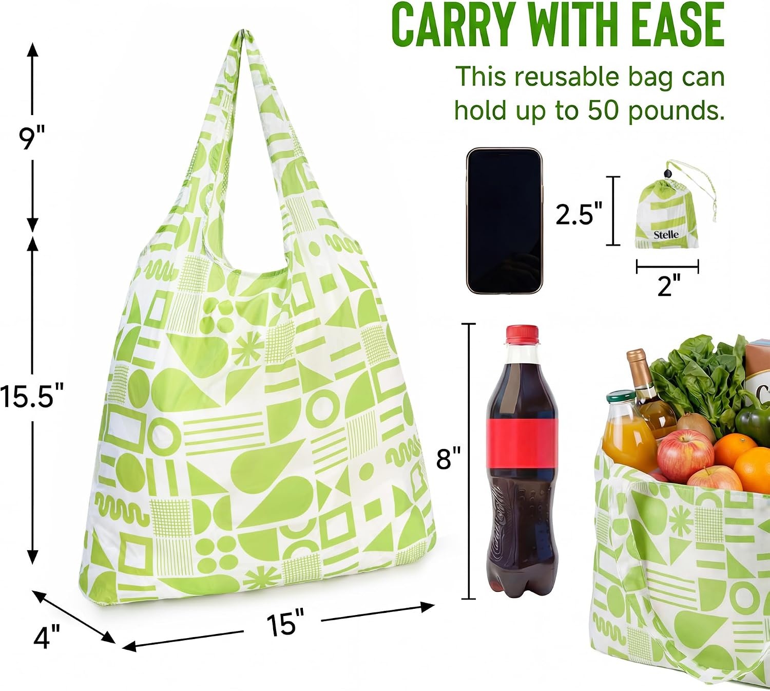 Stelle Lightweight Reusable Grocery Bag with Handles Ripstop Nylon Foldable Tote Shopping Bags for Travel and Groceries(Green Geometry)
