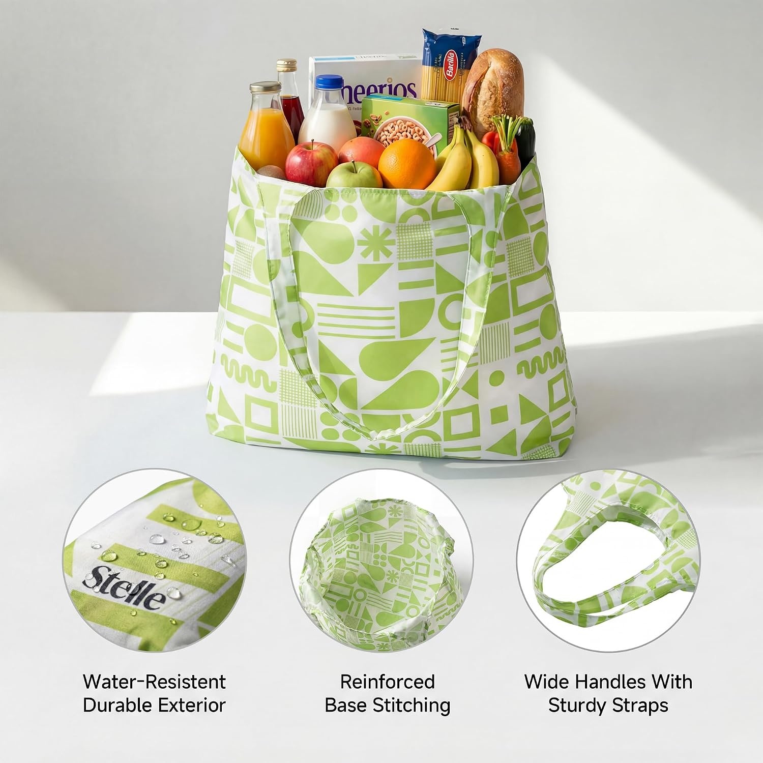 Stelle Lightweight Reusable Grocery Bag with Handles Ripstop Nylon Foldable Tote Shopping Bags for Travel and Groceries(Green Geometry)