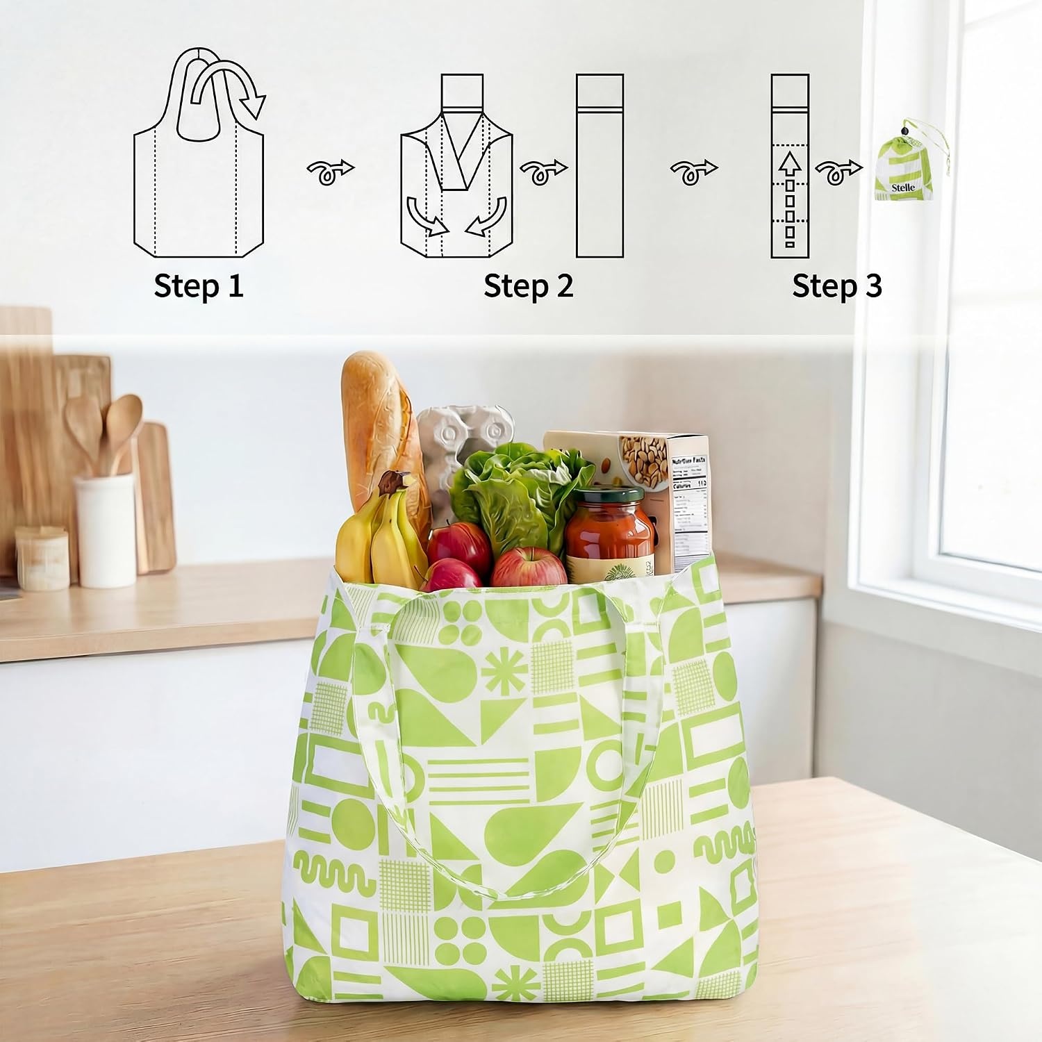 Stelle Lightweight Reusable Grocery Bag with Handles Ripstop Nylon Foldable Tote Shopping Bags for Travel and Groceries(Green Geometry)