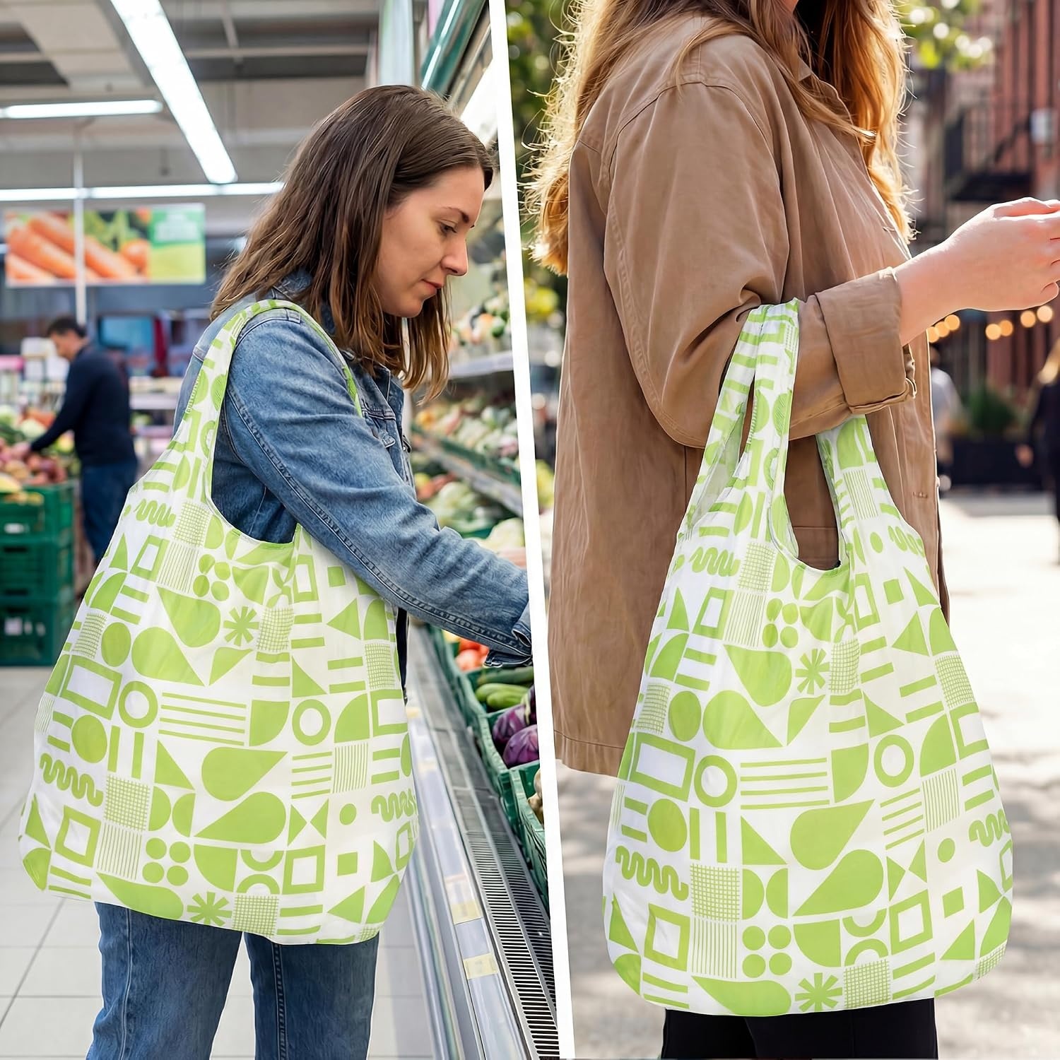 Stelle Lightweight Reusable Grocery Bag with Handles Ripstop Nylon Foldable Tote Shopping Bags for Travel and Groceries(Green Geometry)