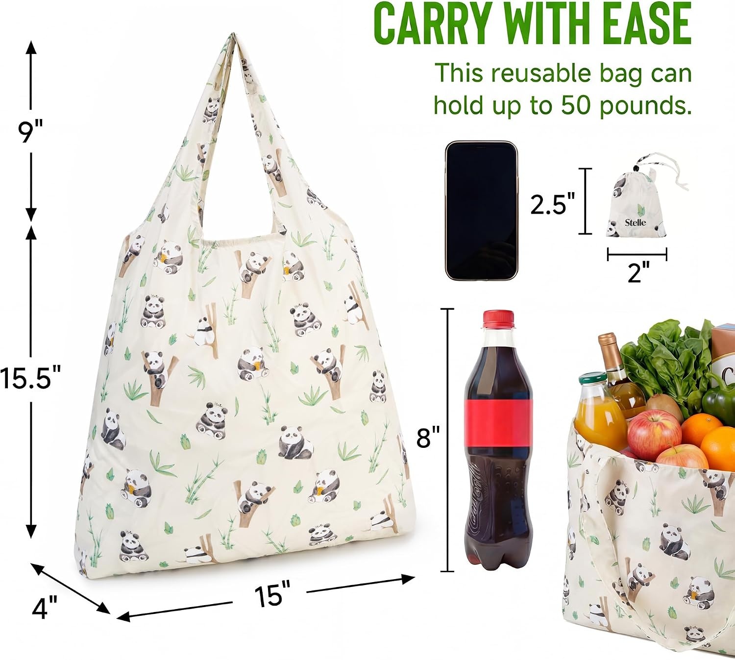 Stelle Lightweight Reusable Grocery Bag with Handles Ripstop Nylon Foldable Tote Shopping Bags for Travel and Groceries(Panda Friends)