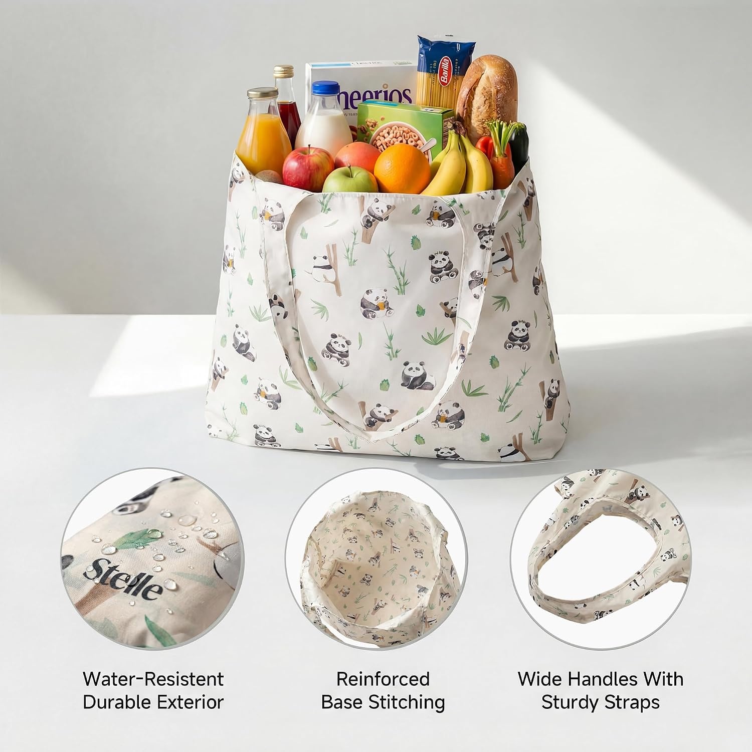 Stelle Lightweight Reusable Grocery Bag with Handles Ripstop Nylon Foldable Tote Shopping Bags for Travel and Groceries(Panda Friends)