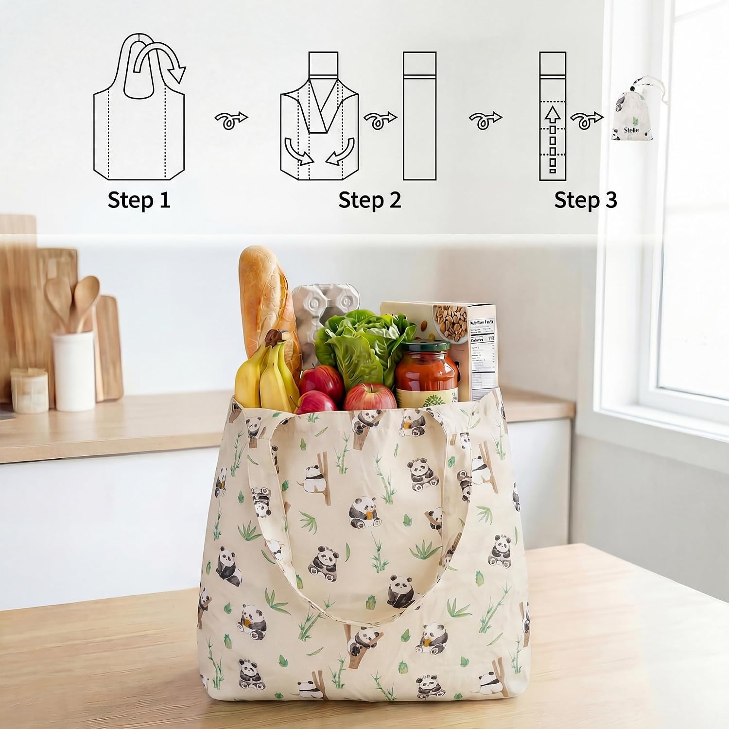 Stelle Lightweight Reusable Grocery Bag with Handles Ripstop Nylon Foldable Tote Shopping Bags for Travel and Groceries(Panda Friends)