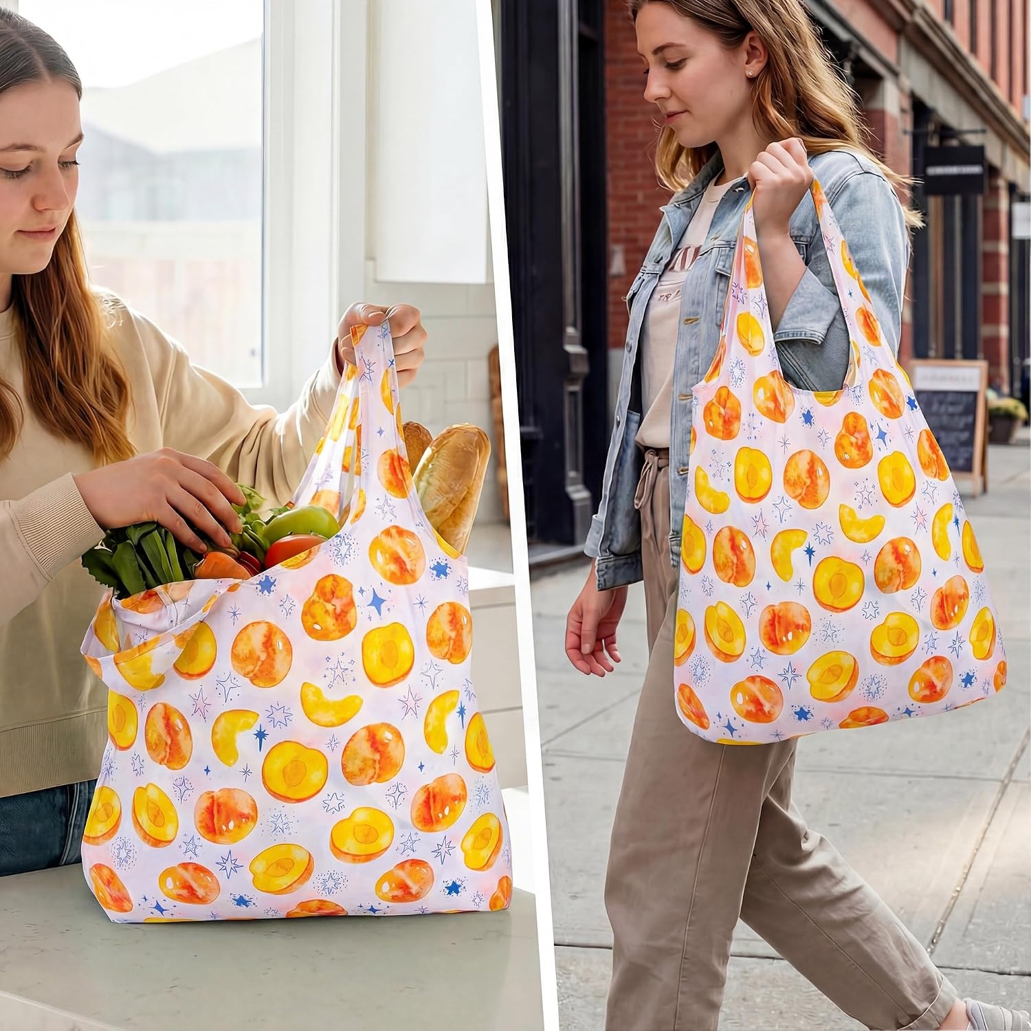 Stelle Lightweight Reusable Grocery Bag with Handles Ripstop Nylon Foldable Tote Shopping Bags for Travel and Groceries(Sparkling Peach)